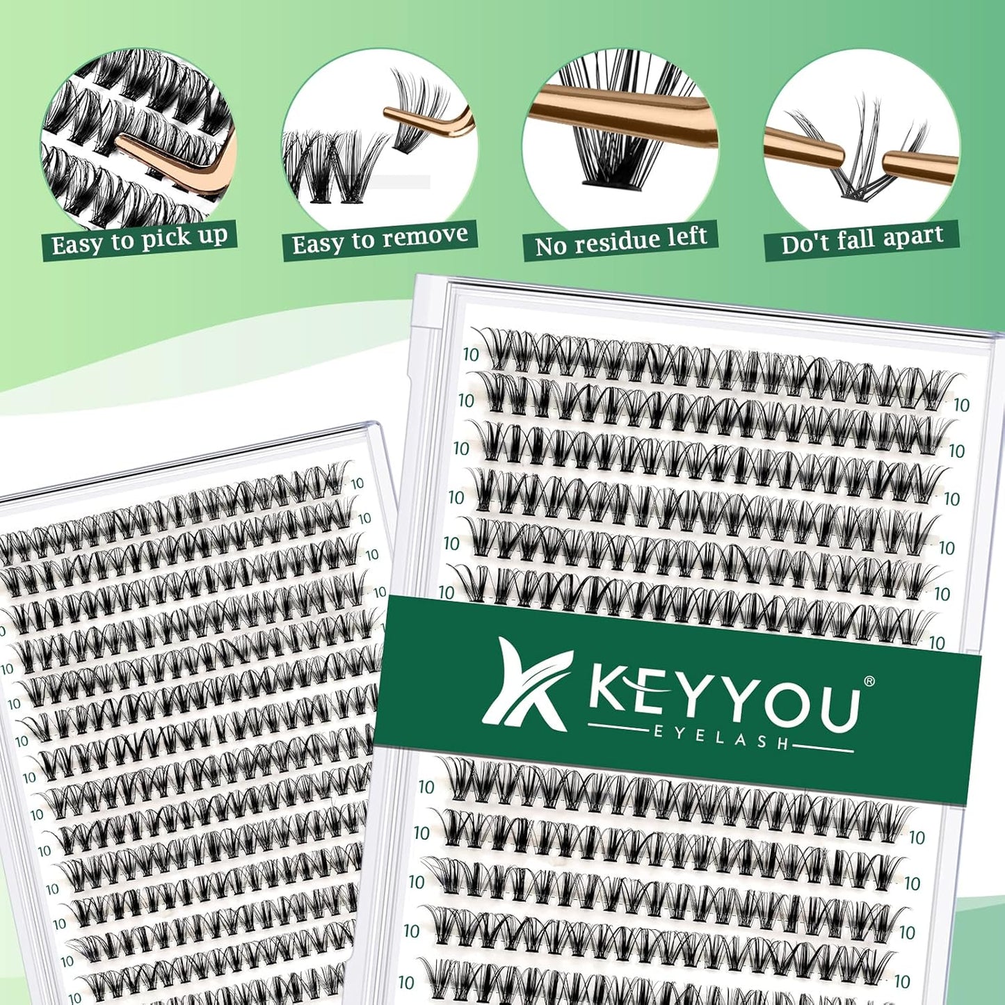 Lash Clusters 300pcs Individual Lashes 30D 0.07D Curl 10mm DIY Eyelash Extension KEYYOU Large Tray Volume Soft&Natural Cluster Lashes(30D-0.07D,10）