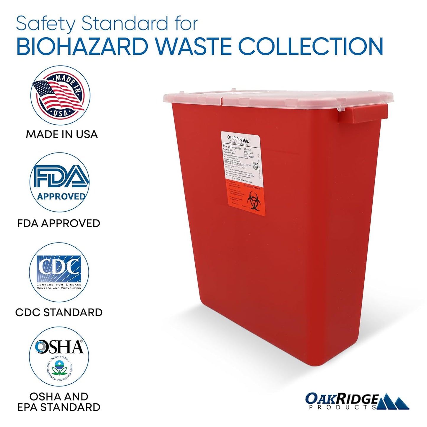Oakridge Products Large Sharps Container for Home Use and Professional 3 Gallon (1-Pack) with Rotating lid, Biohazard Needle and Syringe Disposal, CDC Certified