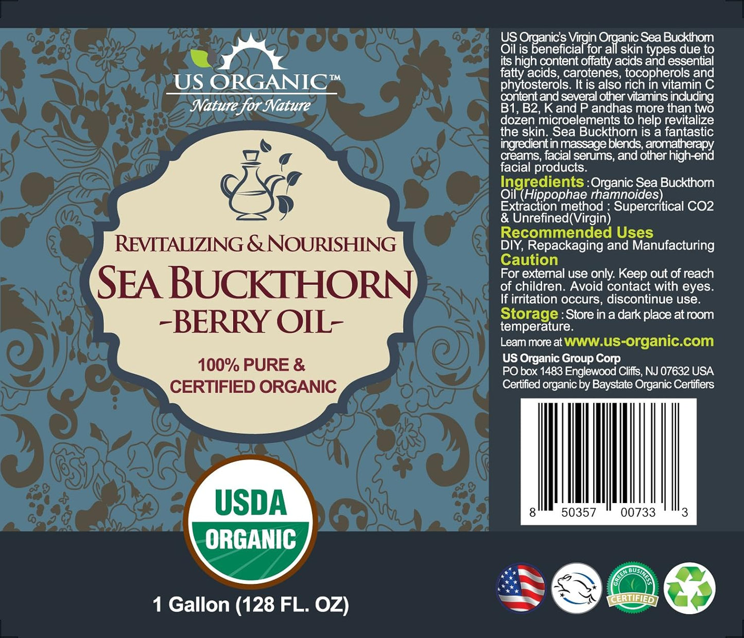 US Organic Sea Buckthorn Berry (Fruit) Oil Bulk pack, USDA Certified Organic,100% Pure & Natural, Supercritical CO2 extracted, Virgin, Unrefined (128 oz (1 Gallon))