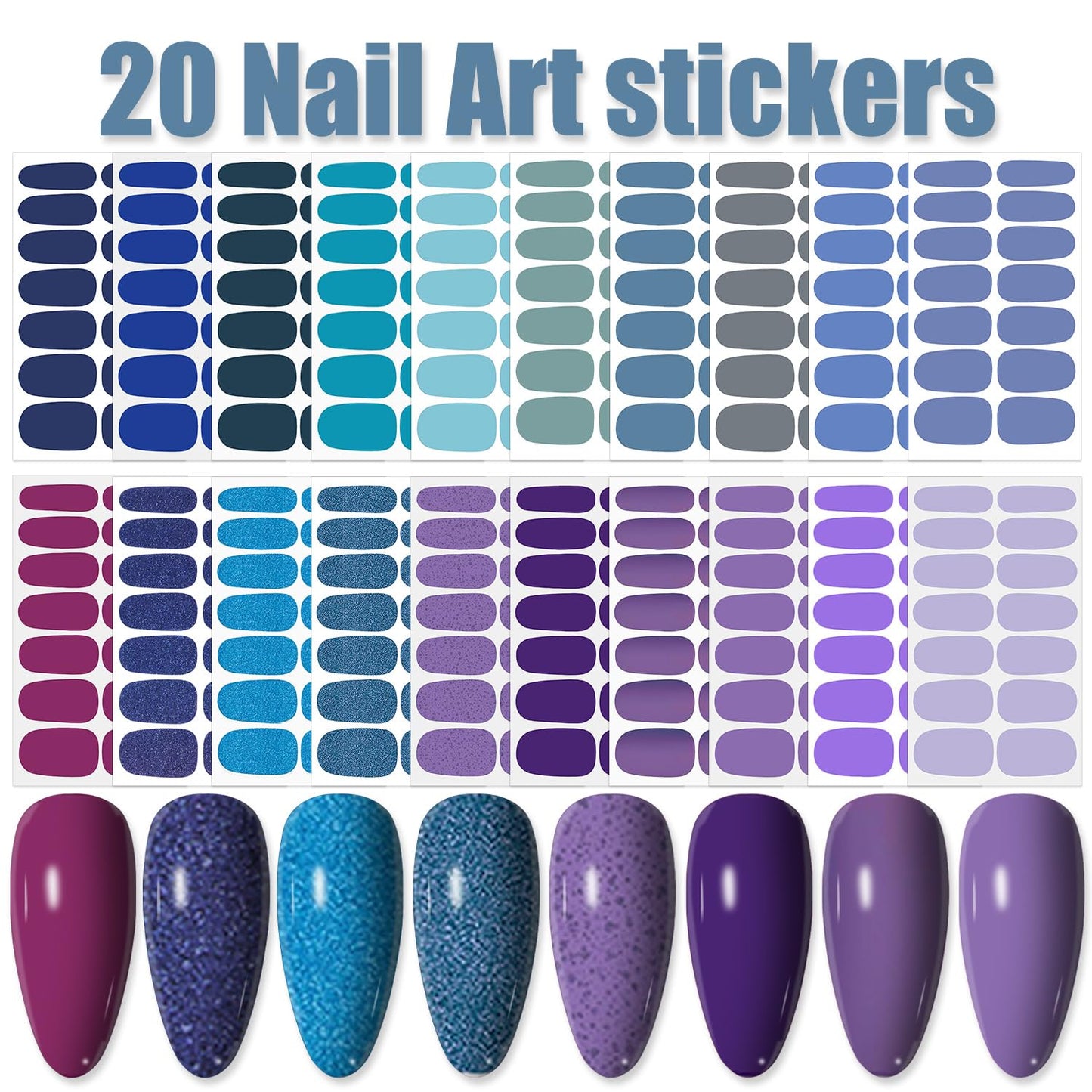 WOKOTO 20 Sheets Blue Gel Nail Wraps for Women - Blue Series Glitter Solid Nail Polish Stickers Stick On Nails Polish Strips Gel Nail Strips Self Adhesive Fingernail Stickers for Nails with File