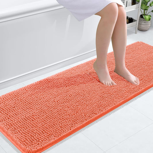 OLANLY Bathroom Rugs 59x20, Extra Soft Absorbent Chenille Bath Rugs, Rubber Backing Quick Dry, Machine Washable Bath Mats for Bathroom Floor, Tub and Shower, Home Decor Accessories, Coral