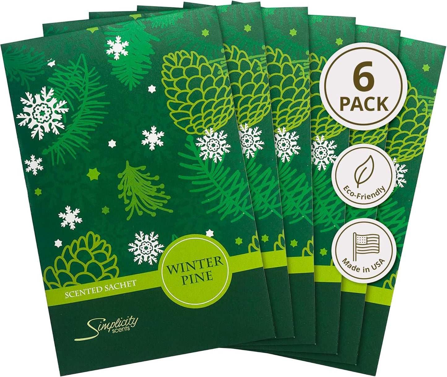 Simplicity Scents Winter Pine Scented Sachets Pack of 6, Fall & Winter - Long-Lasting Scented Bags, Home Fragrance, Air Freshener & Deodorizer for Closet, Room, Drawer, or Cars, Made in USA