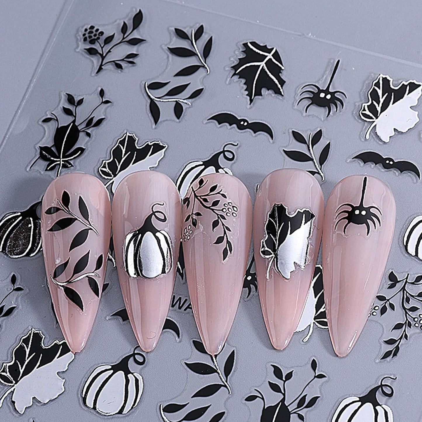 4 Sheets Halloween Nail Stickers Gold Silver Black Nail Art Stickers Pumpkin Maple Leaves Self Adhesive Nail Decals Spider Web Bat Ghost Leaves Design Nail Art Sticker Decoration for Women Girls