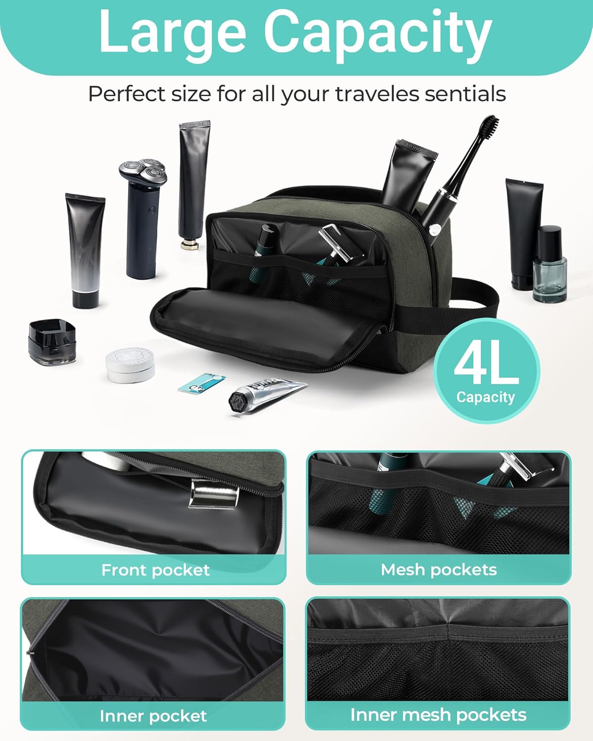 Elviros Travel Toiletry Bag for Men Hanging Dopp Kit Shaving Bag Toiletries Organizer Small Tool Medicine Hygiene Bag for Traveling Pouch (Ash Green)