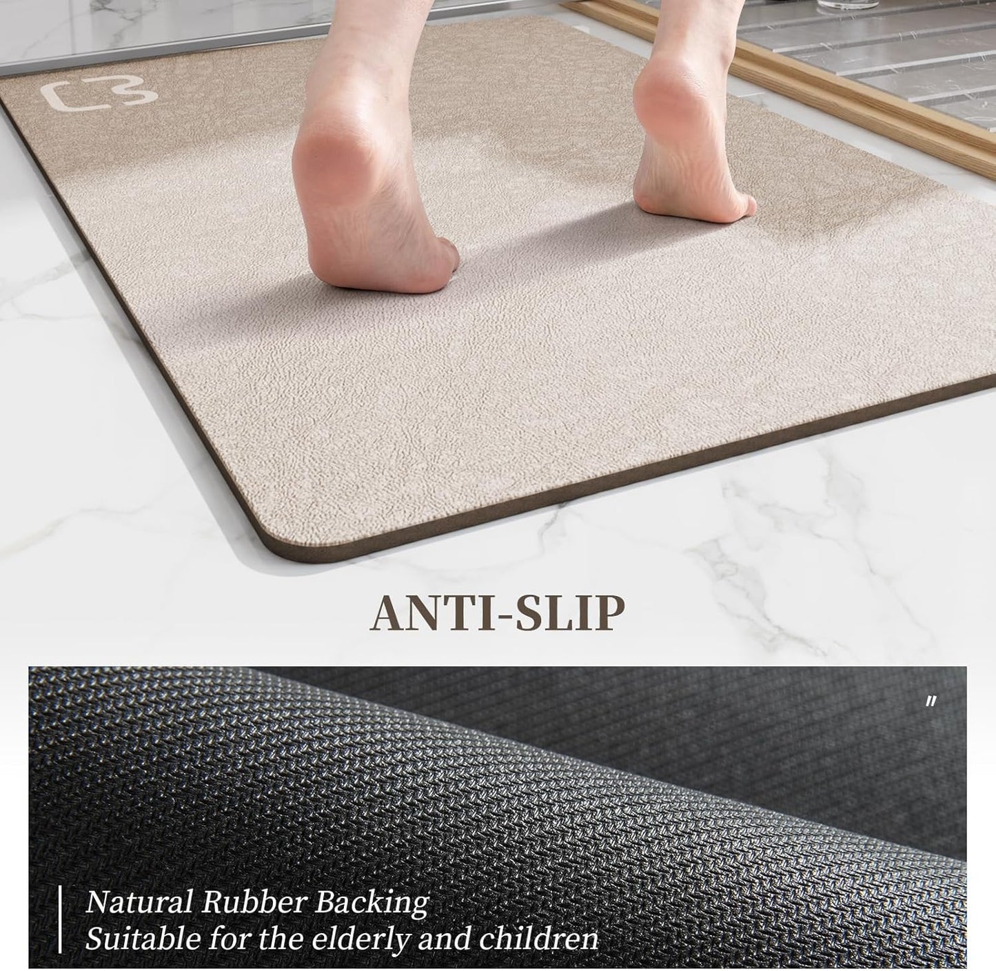 Diatomaceous Earth Bath mat Super Absorbent Bath Mat Non Slip Fast Drying Shower Rugs Stone Bath Mat for Bathroom Thin Bathroom Floor Mats Fit Under Door, Machine Washable, 17" x 27.5", Taupe