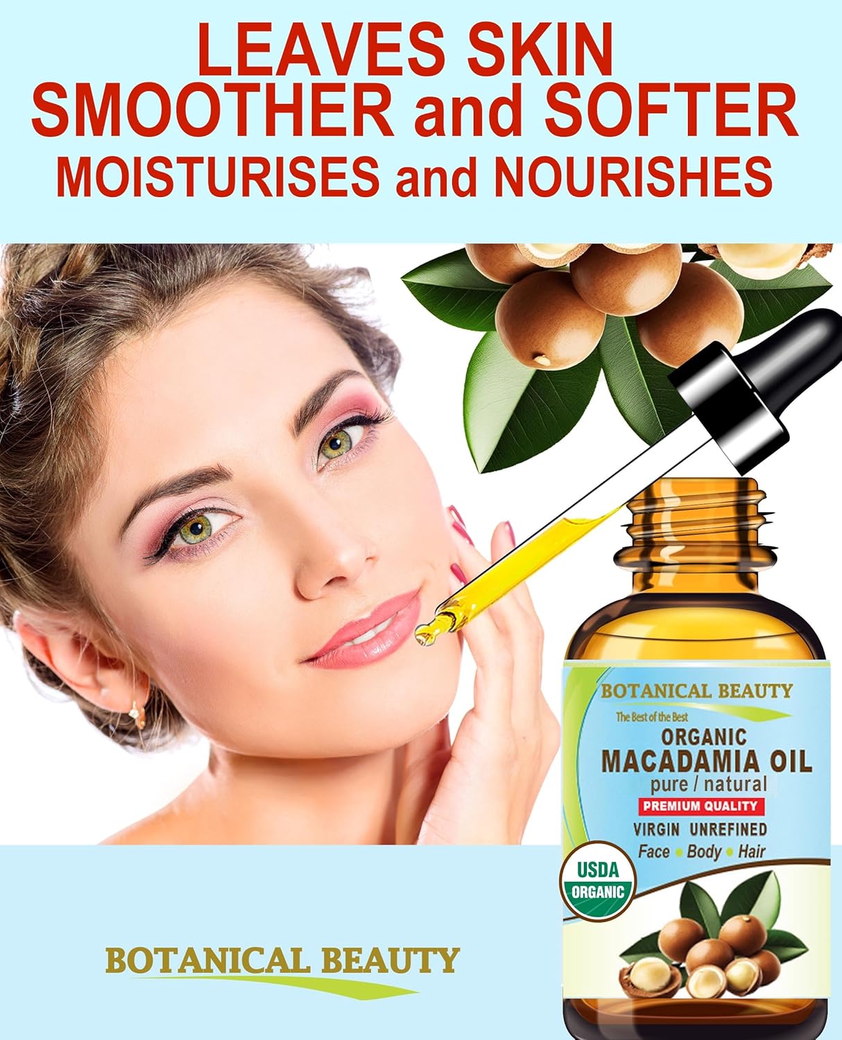 Botanical Beauty Organic MACADAMIA OIL 100% Pure Natural VIRGIN UNREFINED Cold-Pressed Carrier Oil for Face, Skin, Body, Hair, Lip, Nails. Rich in Vitamin E (1 Fl Oz)
