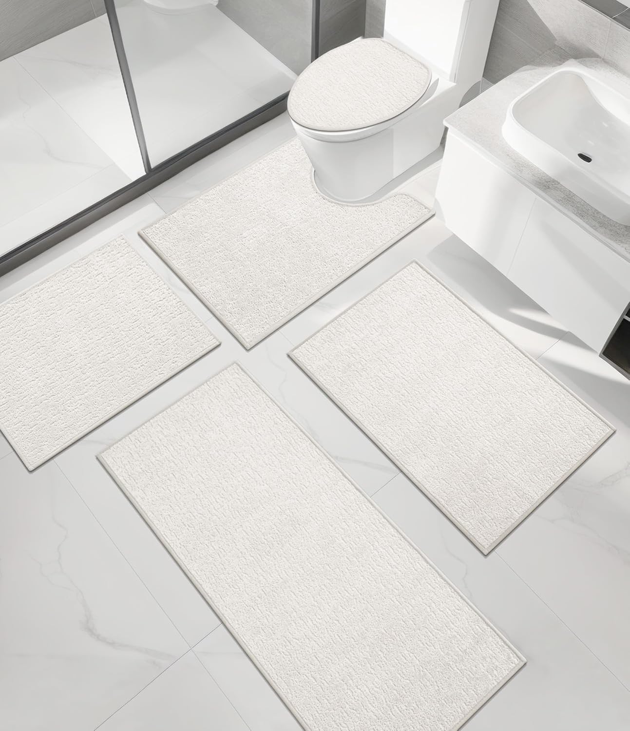 chakme Bathroom Rug Sets 5 Piece, Ultra Thin Bath Mat Quick Dry Bath Mat Set, Absorbent Bath Mat for Bathroom Non Slip Machine Washable, (White, 5 Piece)