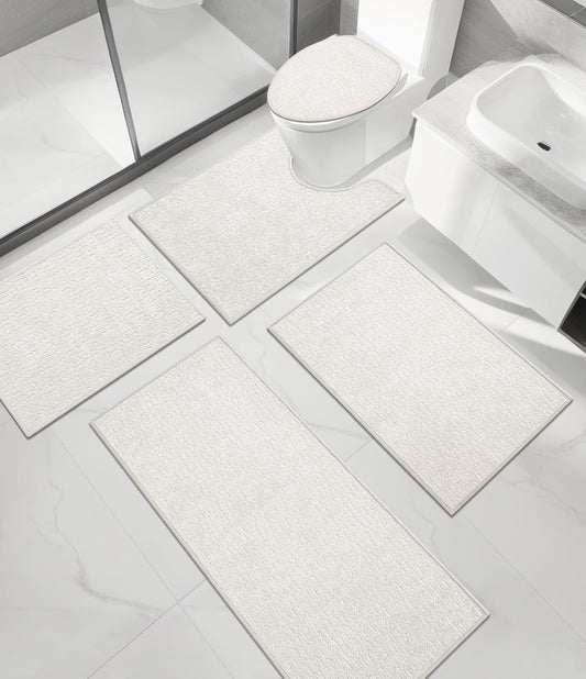 chakme Bathroom Rug Sets 5 Piece, Ultra Thin Bath Mat Quick Dry Bath Mat Set, Absorbent Bath Mat for Bathroom Non Slip Machine Washable, (White, 5 Piece)