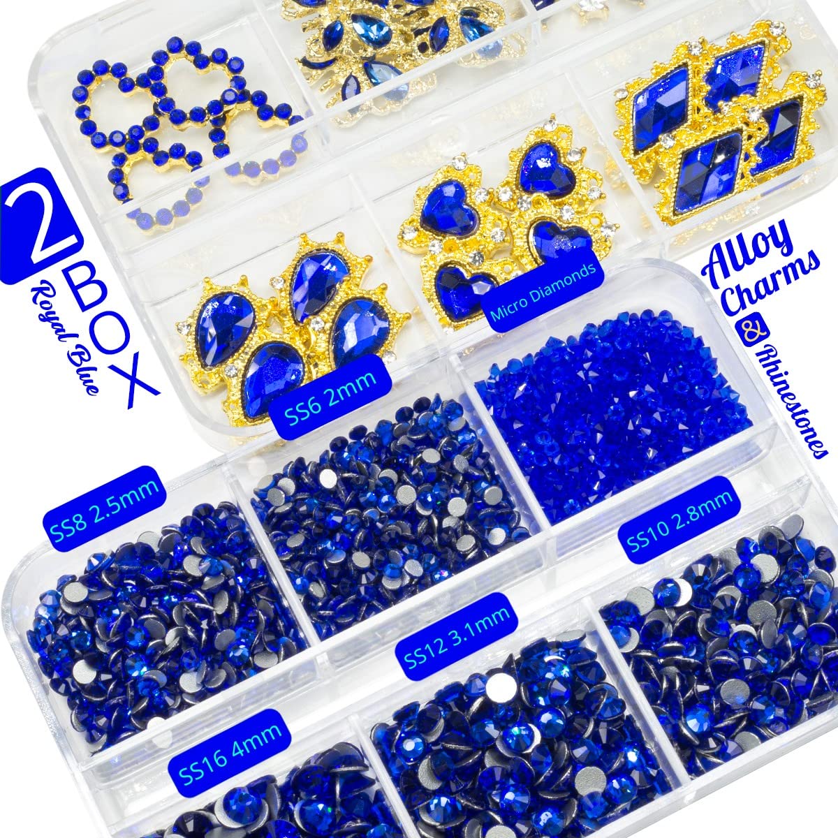 24pcs Blue Luxury Nail Charms +2000pcs Sapphire Rhinestones 3D Big Nail Gems K9 Glass Royal Blue Nail Crystals Diamonds Jewelry Stones Alloy Nail Art Studs Decor Supplies Heart Charms for Nails Crafts
