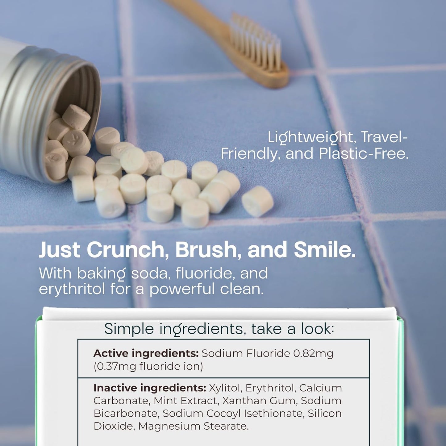 Toothpaste Tablets with Fluoride & Xylitol | Whitening, Sensitivity Relief & Enamel Remineralization | Chewable, Plastic-Free, Travel-Friendly - Mint, 180 Count (2 x 90), Made in USA