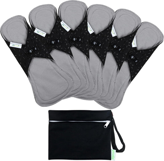 wegreeco 6 Pcs Reusable Menstrual Pads, Ultra Absorbent Cloth Pads for Heavy Flow, Sanitary for Teens, Women, Nonslip, Grey Inner, Black Outer, Medium