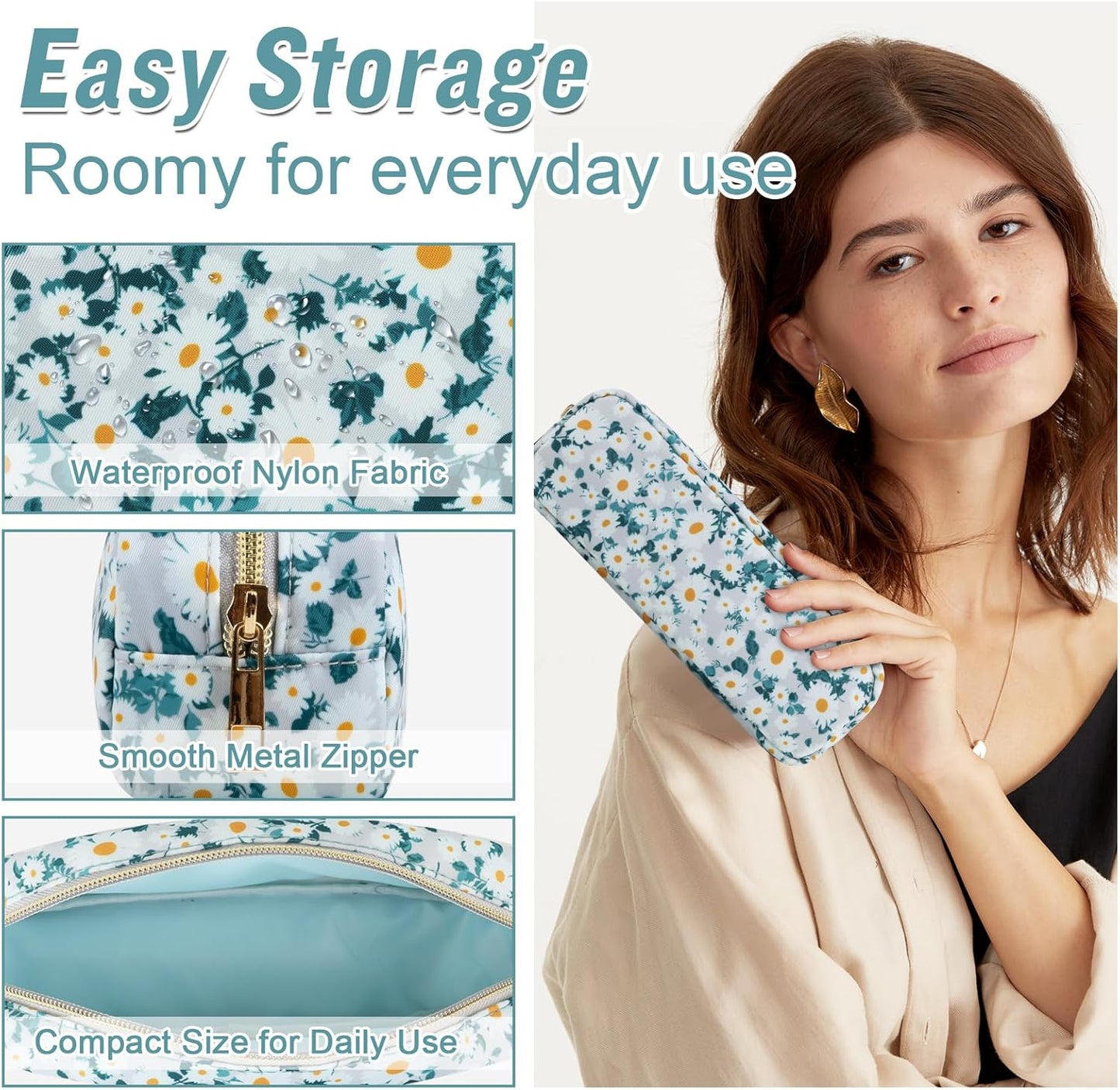 izuzta Nylon Small Floral Makeup Bag Slim Pouch, Preppy Cute Makeup Brush Case Bag Flower Cosmetic Zipper Pouch Purse, Waterproof Travel Toiletry Bag Coin Pouch Make Up Organizer Women(Green-Daisy)