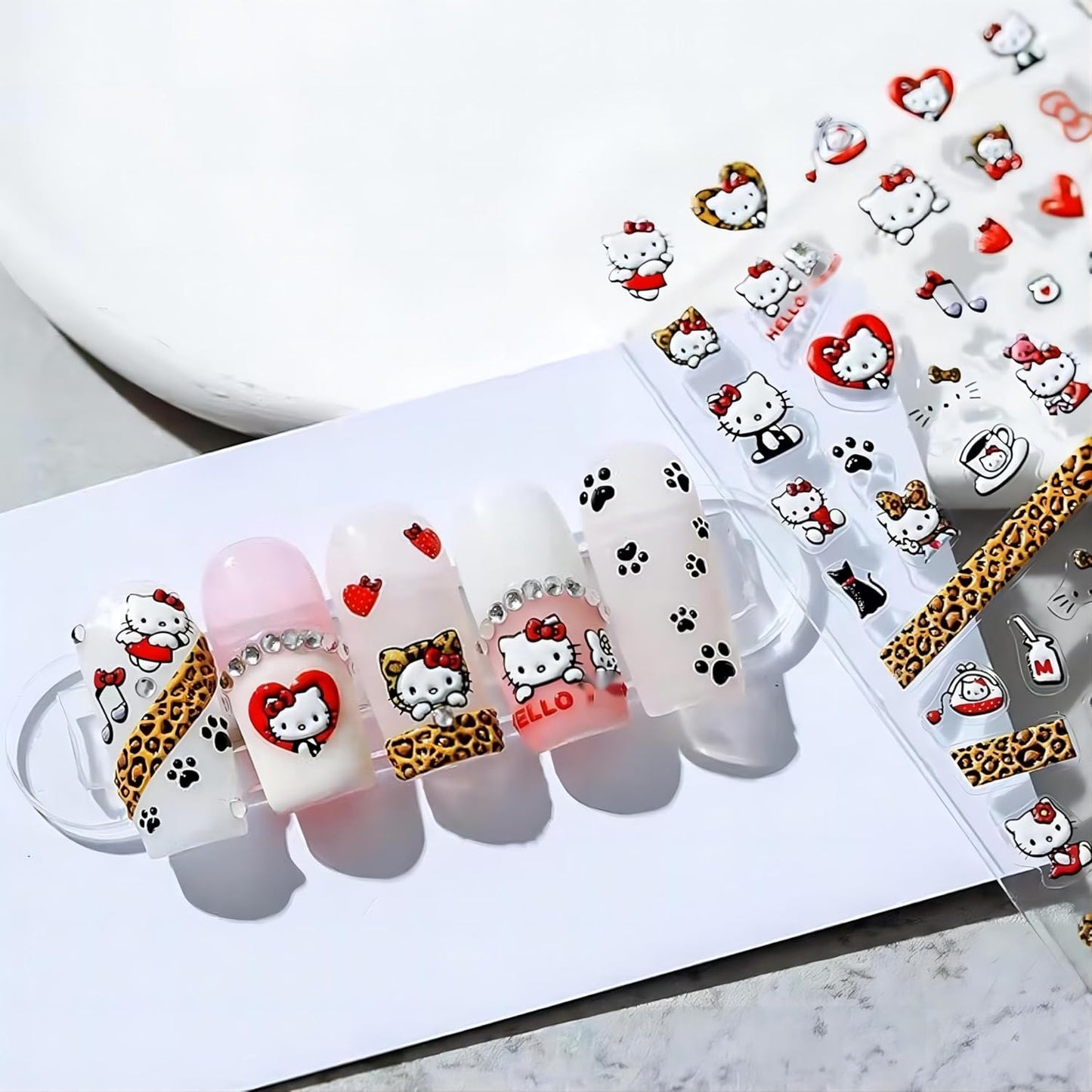 Dedyel Cute Nail Stickers 5D Embossed Cartoon Cat Nail Stickers Kawaii Animal Self-Adhesive Nail Decals for Women Girls Kids Nail Art Decoration