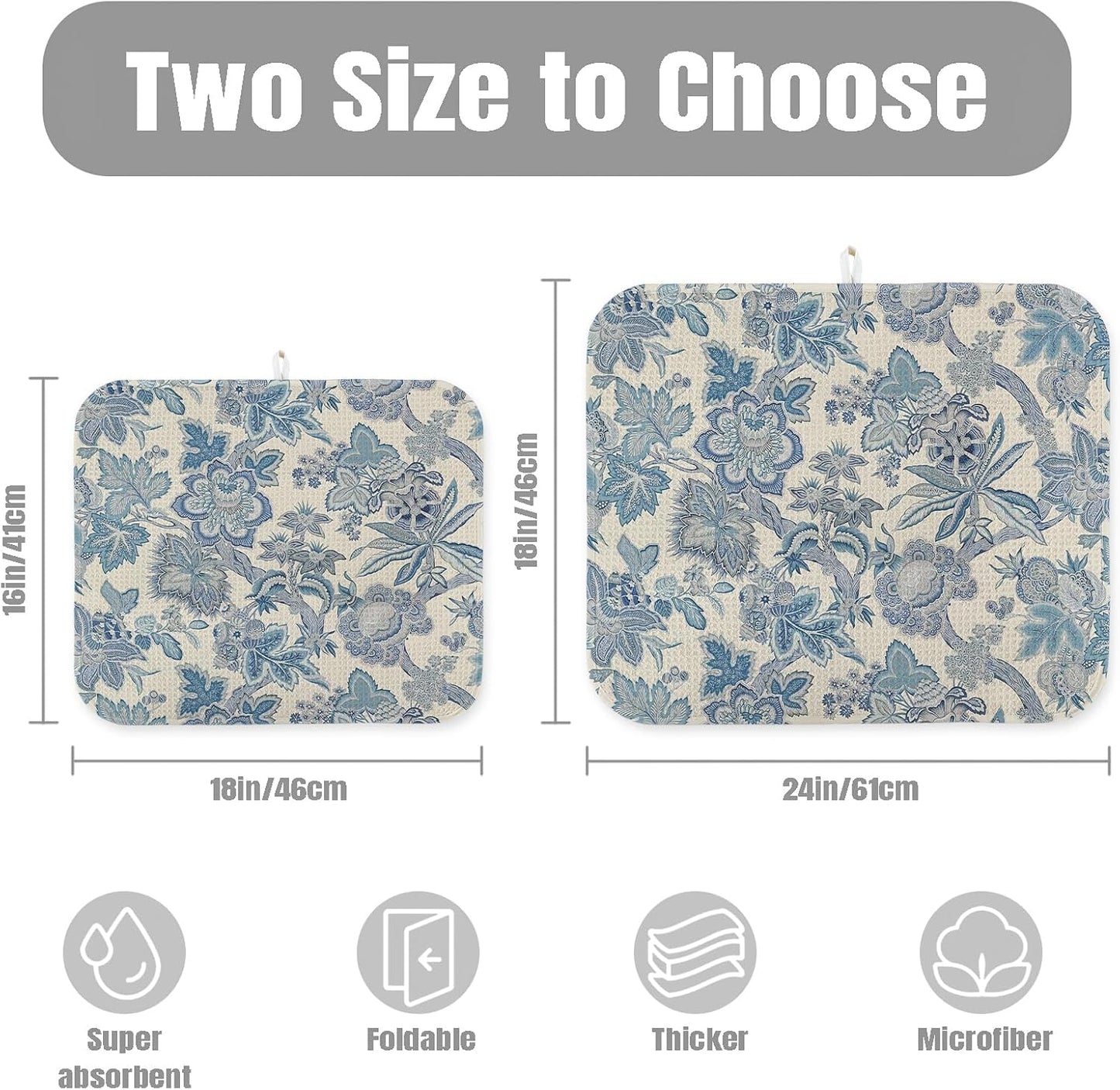 Dish Drying Mat for Kitchen Counter Large 16" x 18" Retro Blue Flower Absorbent Microfiber Dishes Drainer Rack Mats Pad Reusable Washable