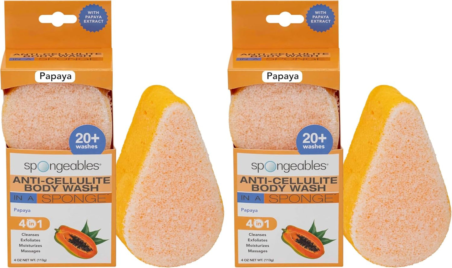 Spongeables Anti-Cellulite Body Wash in a Sponge, Reduce the Appearance of Cellulite, Moisturizer and Exfoliator for the Body, Papaya Scent, 20+ Washes, Pack of 1 (Pack of 2)