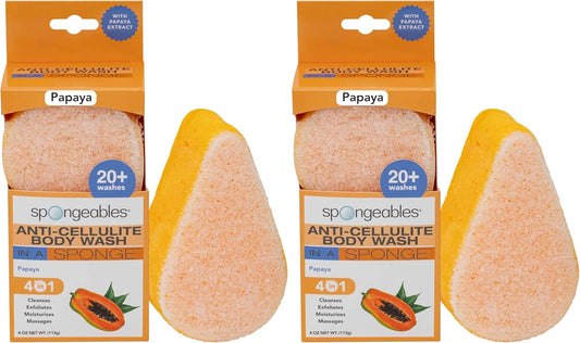 Spongeables Anti-Cellulite Body Wash in a Sponge, Reduce the Appearance of Cellulite, Moisturizer and Exfoliator for the Body, Papaya Scent, 20+ Washes, Pack of 1 (Pack of 2)