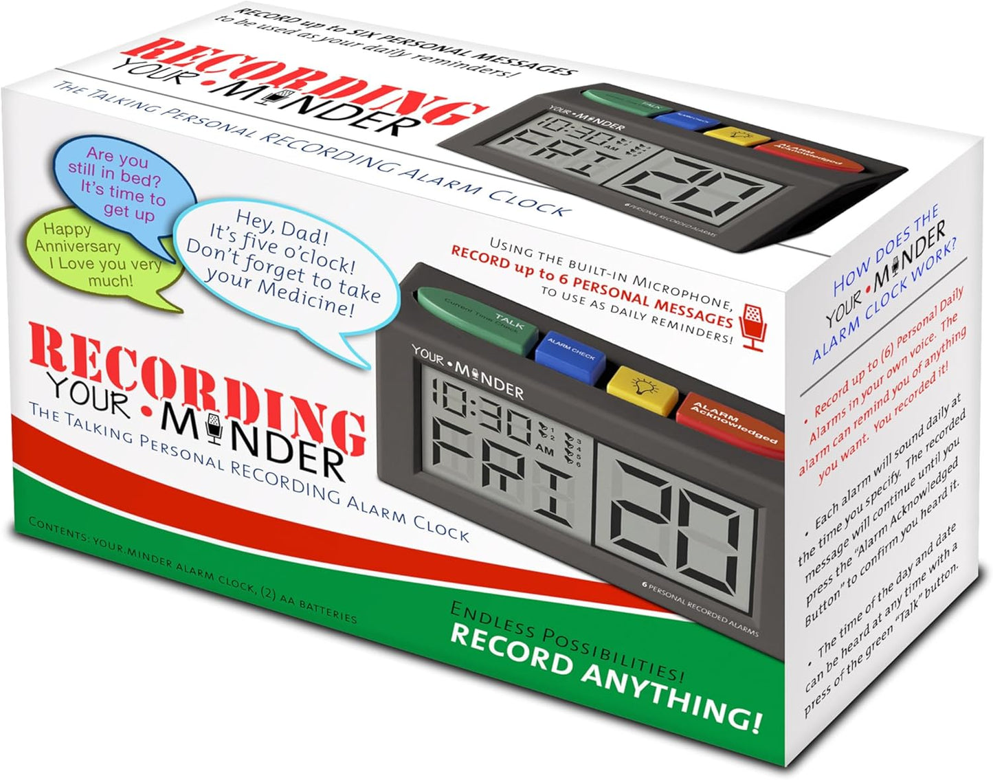 Your Minder Voice Record and Alarm Replay Reminder Clock with Loud Multiple Alarms, Recordable Talking Alarm Clock for Medication Reminders (With Adapter) Gift for Mom, Dad, Elderly, Seniors