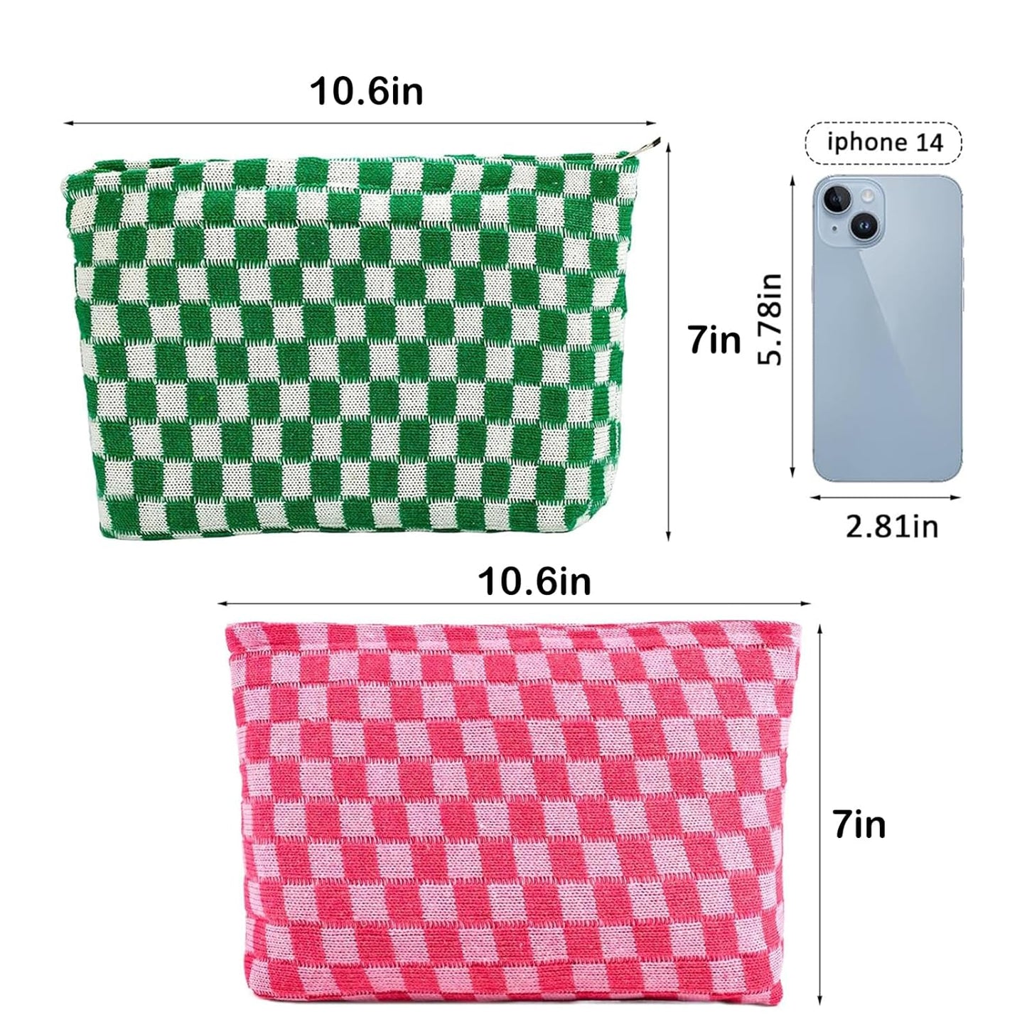 ZLFSRQ 2Pcs Checkered Makeup Bag for Women Large Capacity Cosmetic Bag Set Travel Makeup Pouch for Purse Zipper Toiletry Organizer Cute Y2K Aesthetic Trendy Skincare Storage Organizer(Pink/Green)