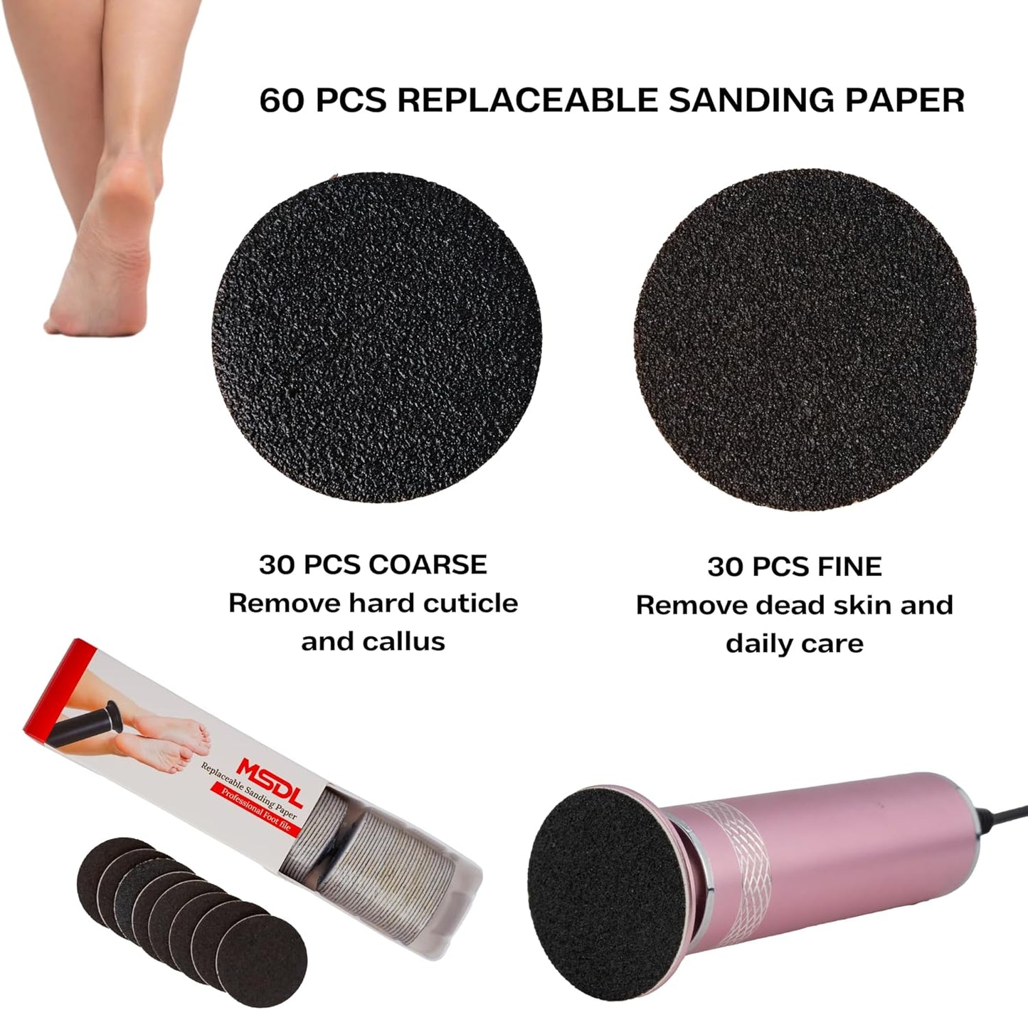High Power Electric Foot Callus Remover, 2025 Upgrade with 100-inch Extra-Long Cord and 60 Replaceable Sandpaper Discs, Electric Foot File for Cracked Heels and Dead Skin, Rose Pink