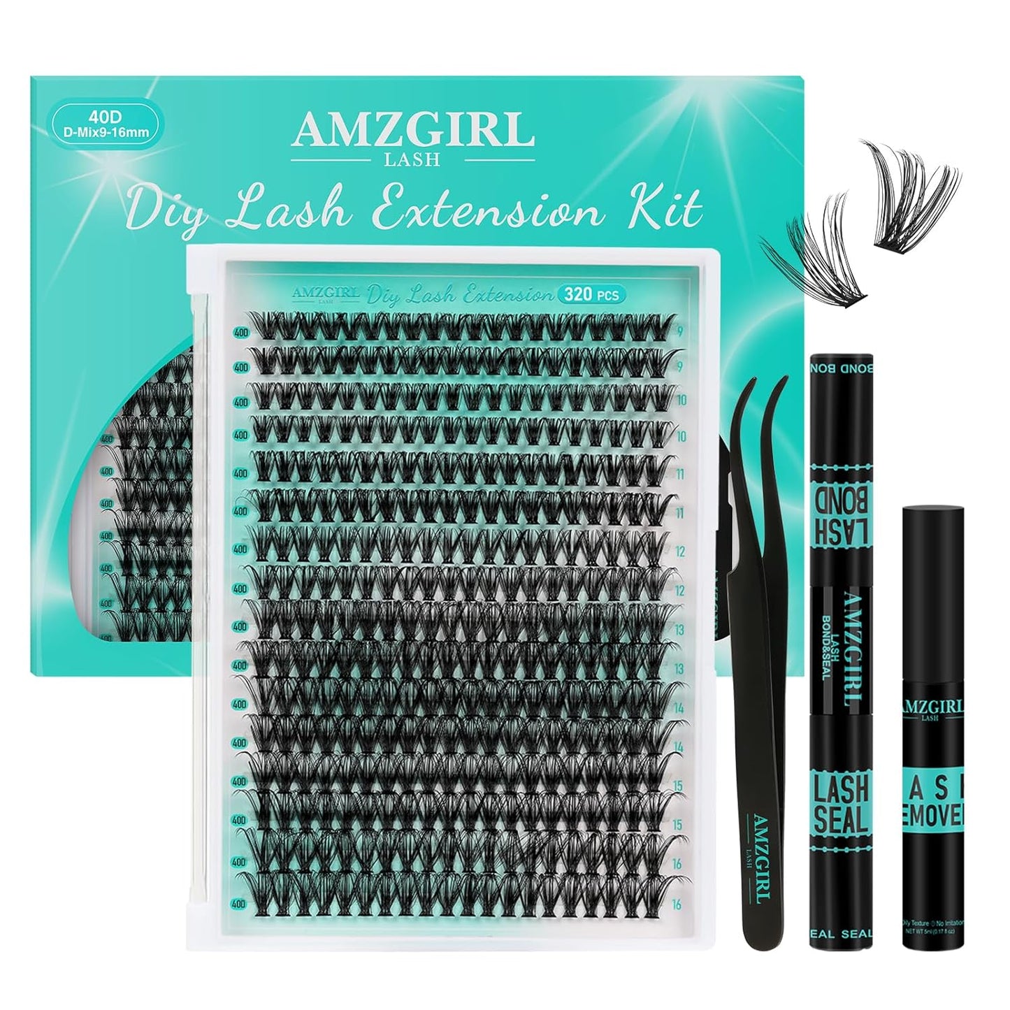 Lash Clusters Kit 320Pcs,40D Eyelash Extension Kit,Lash Bond and Seal Waterproof,Lash Remover for Individual Cluster Lashes Kit,Lash Applicator Tool for DIY Lash Extension Kit(D-Mix9-16mm Kit)