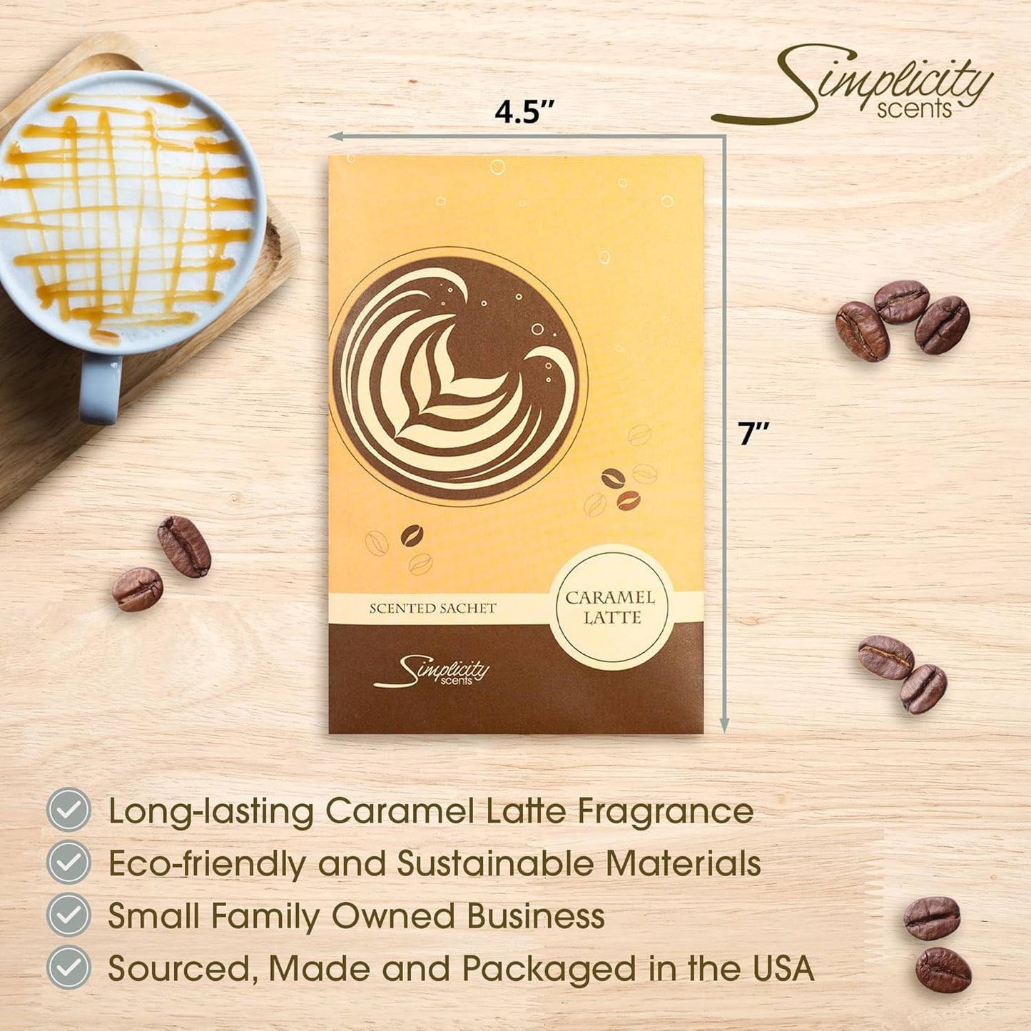 Floral Simplicity Caramel Latte Scented Sachets Pack of 3, Fall & Winter - Long-Lasting Scented Bags, Home Fragrance, Air Freshener & Deodorizer for Closet, Room, Drawer, or Cars, Made in The USA
