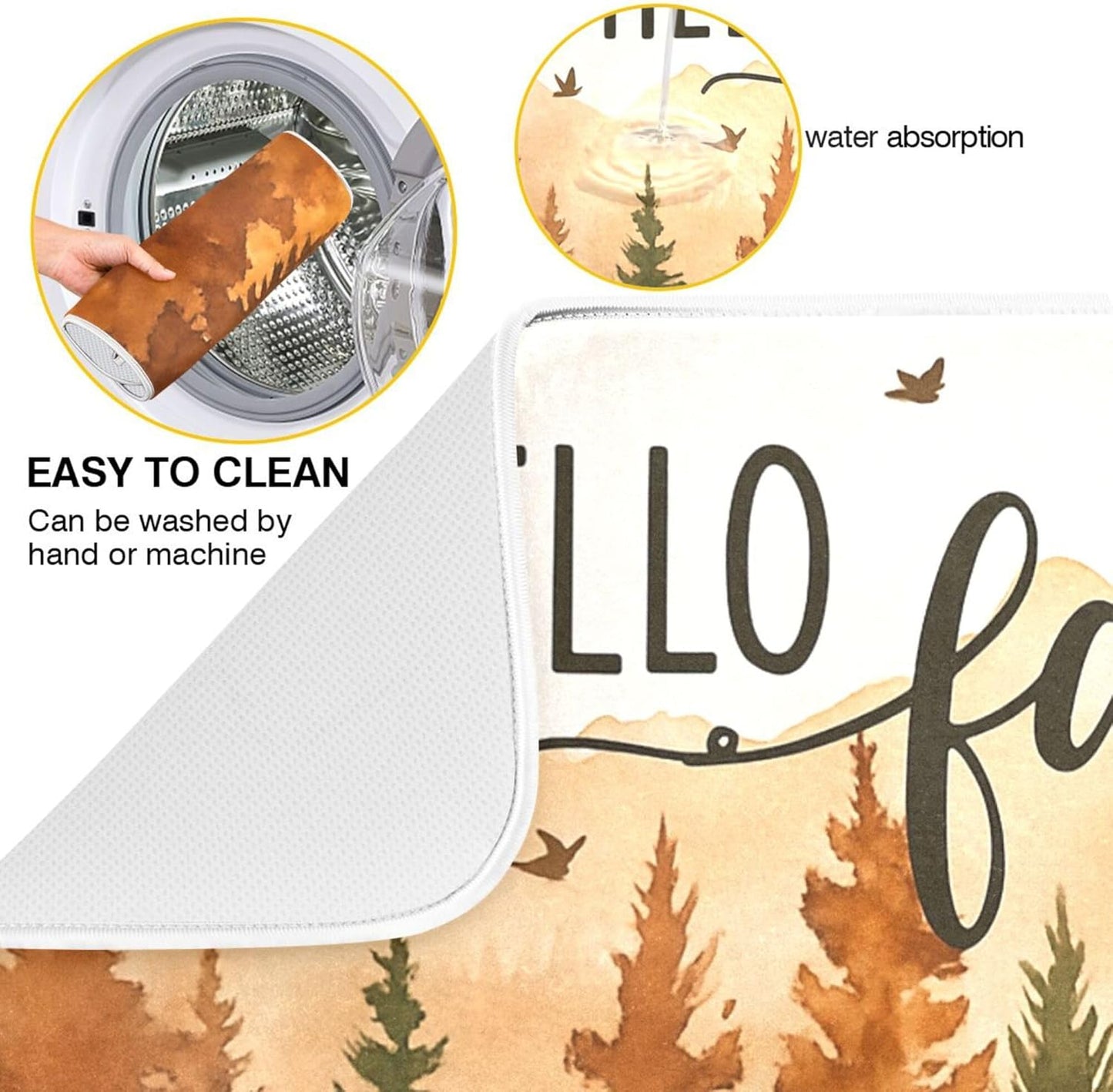 Hello Fall Forest Dish Drying Mat for Kitchen Countertop 18x24 Autumn Pine Tree Large Drying Mat Reusable Quick Dry Dish Sink Mats Easy Clean Decorative Essentials