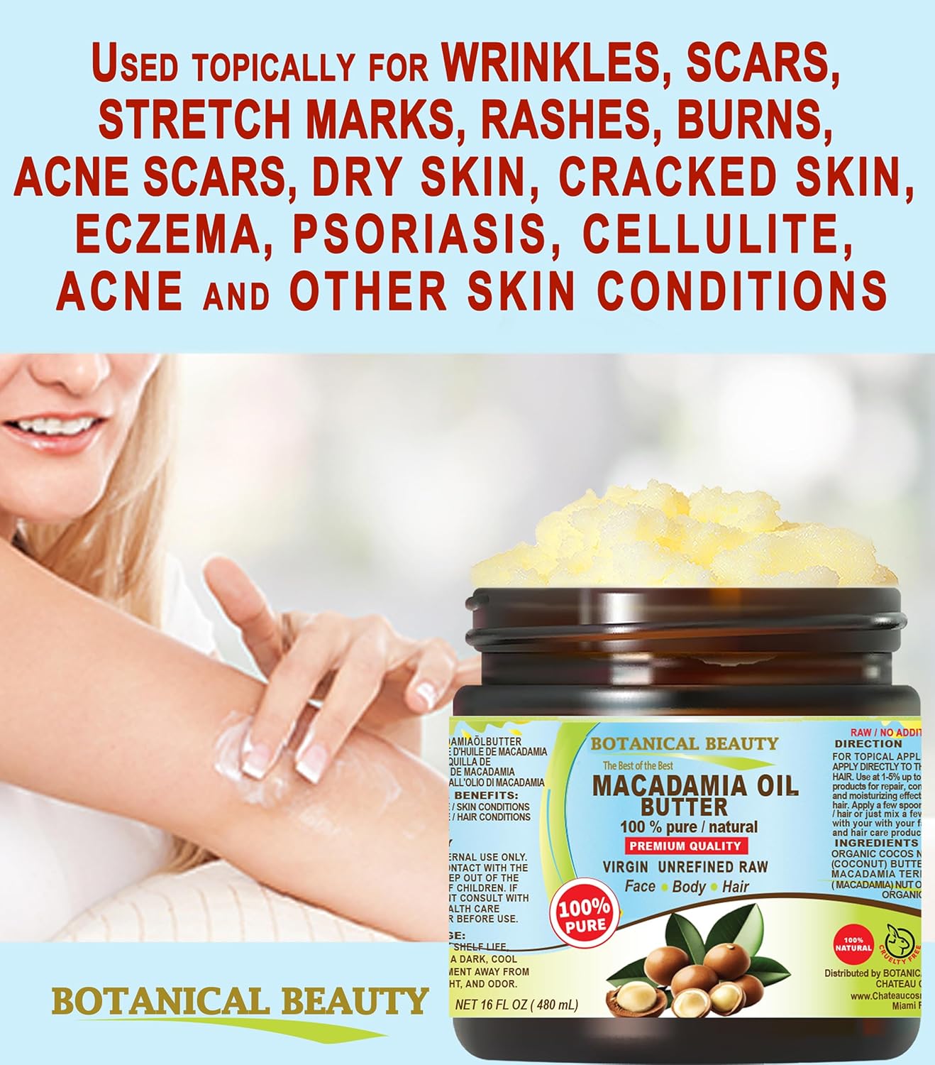 Botanical Beauty MACADAMIA OIL BUTTER 100% Pure Natural VIRGIN UNREFINED Cold-Pressed for Face, Skin, Body, Hair, Lip, Nails. Rich in Vitamin E, Omega 3, Omega 6 (8 Fl Oz)