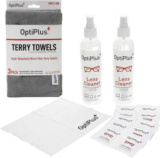 OptiPlus 16oz All Natural Lens and Screen Cleaning Pack, Lens Wipes, Microfiber Cloth and 16 x 16 Microfiber Terry Towel 3 Pack (Grey)