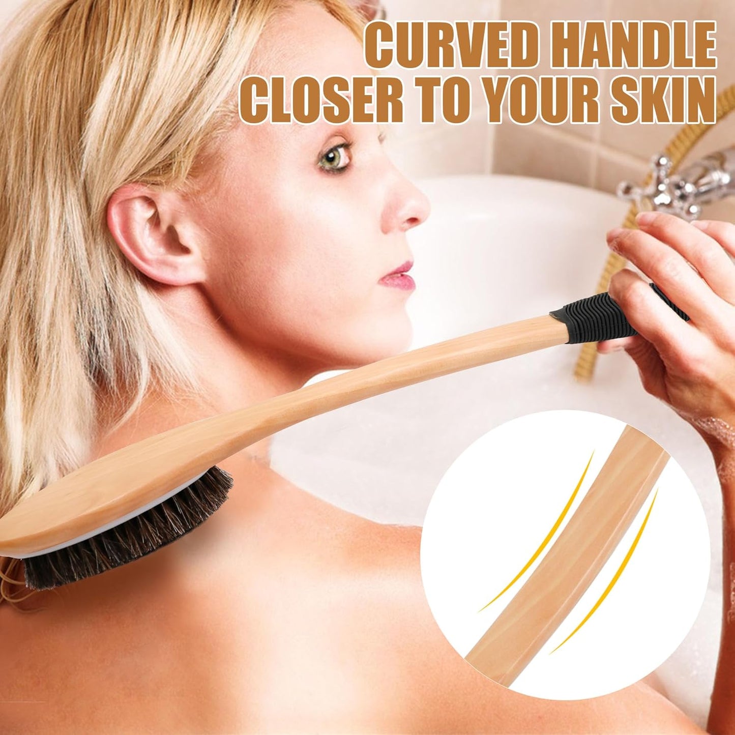 OWIIZI Horsehair Bath Brush Wooden Curved Long Handle Antiskid Shower Brush for Exfoliating, Natural Mane Scrubber for Back Use Wet or Dry,Back Scrub Deep Cleanse-17.2inches