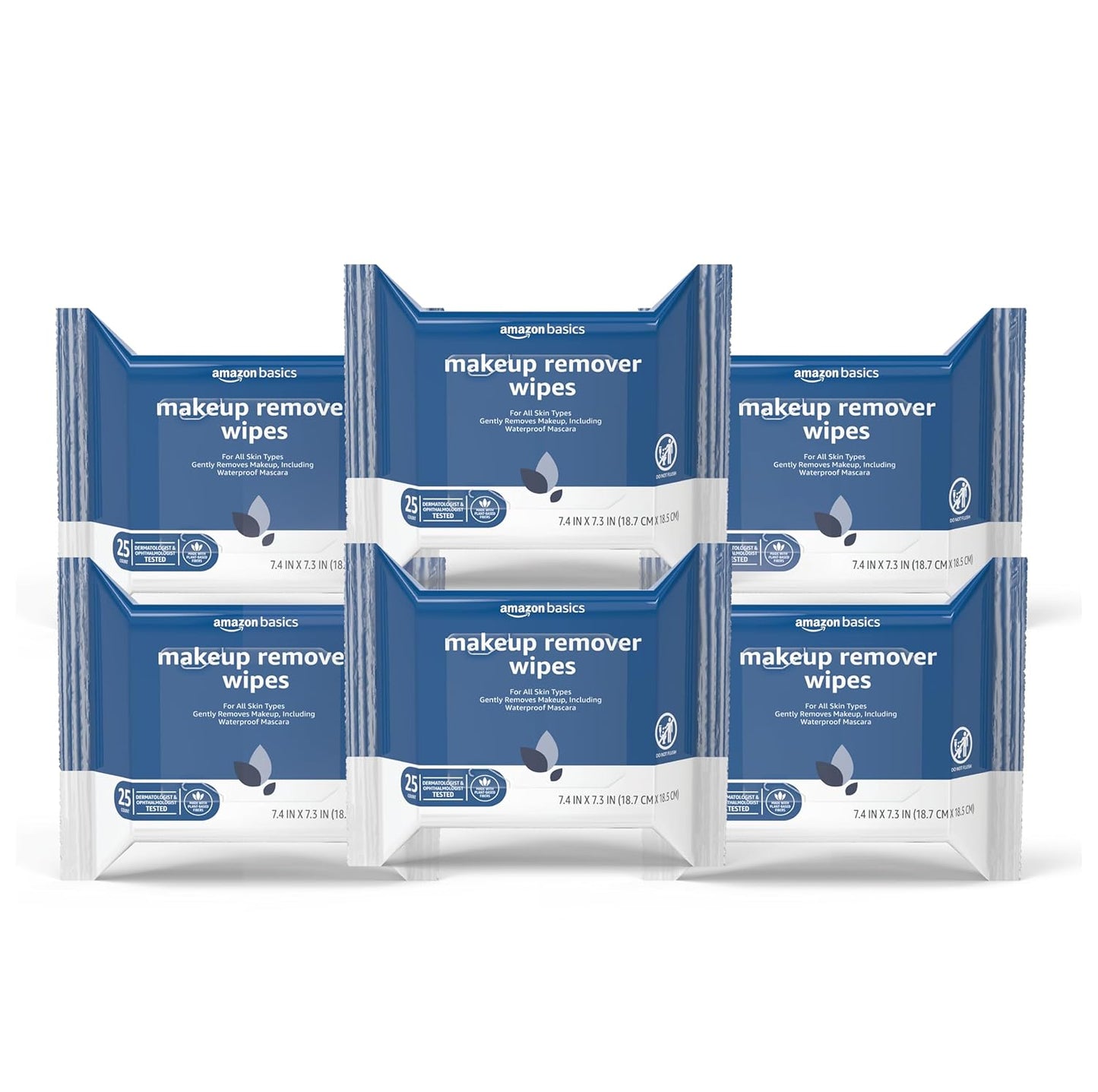 Amazon Basics Makeup Remover Wipes, Gentle Cleansing, Dermatologist Tested, Original, Plant Based, Alcohol Free, Removes Waterproof Mascara, 25 Count Per Pack, Pack of 6 (Previously Solimo)
