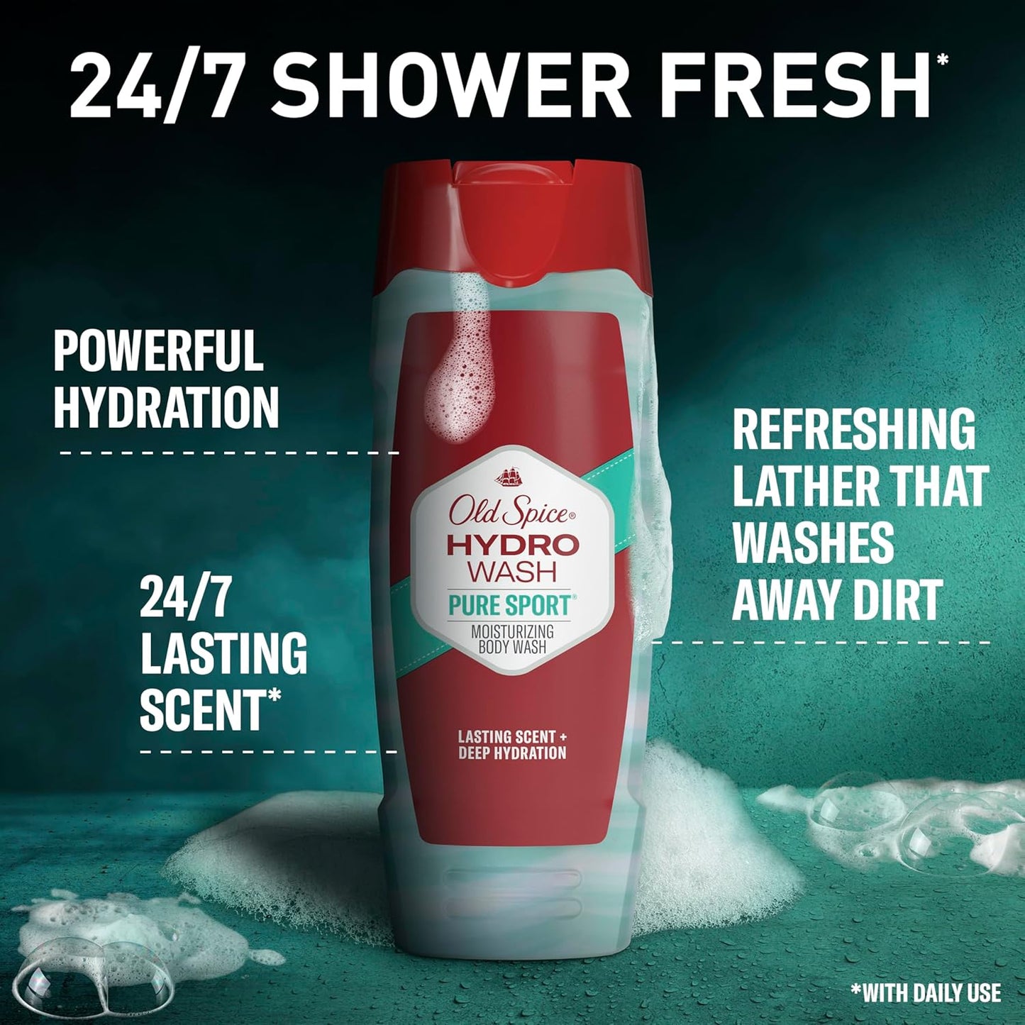 Old Spice Moisturizing Body Wash for Men, Hydro Wash, 2-in-1 Long Lasting Scent & Deep Hydration, 24/7 Shower Fresh, Pure Sport Scent, 16 oz (Pack of 4)