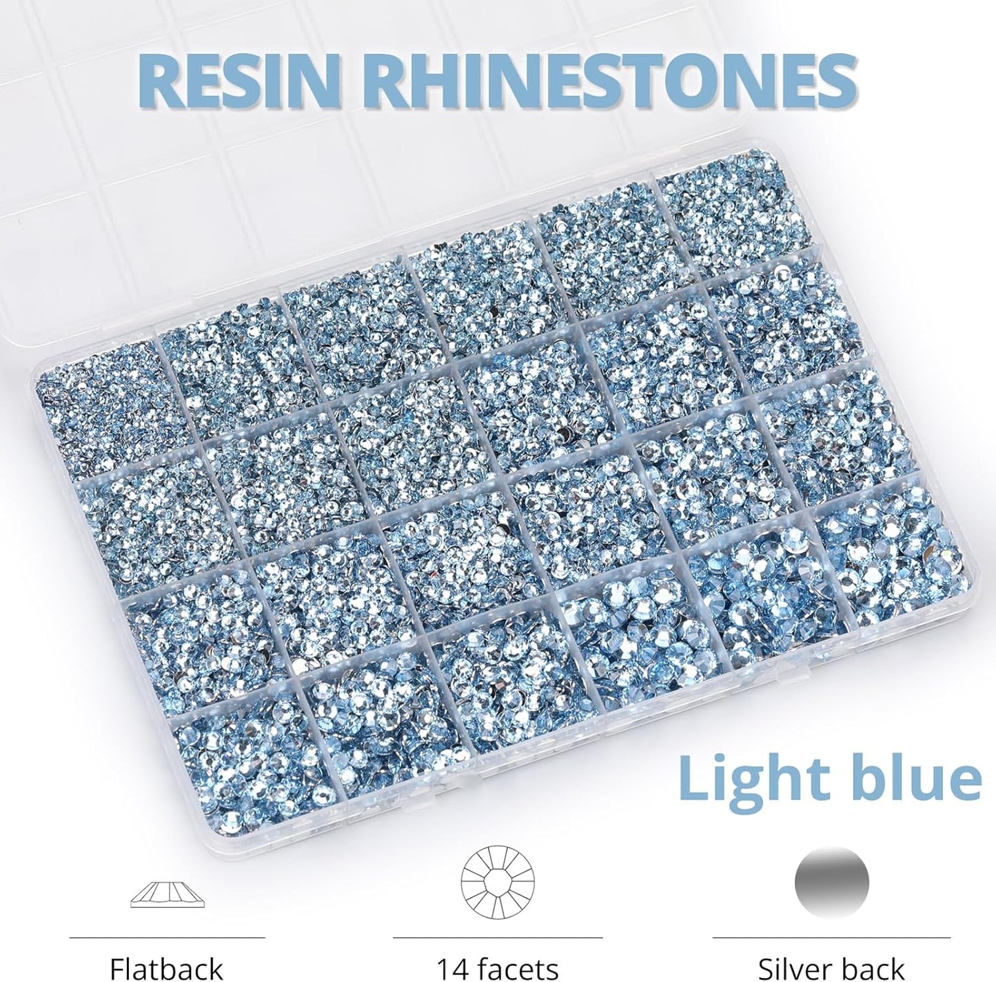 30000Pcs Resin Rhinestones Set for Crafting Bedazzling, Light Blue Flatback Gems Jewels for Crafts Clothes Shoes Fabric Outfit Nails Makeup, Flat Back Crystal 2-6mm with b 7000 Glue
