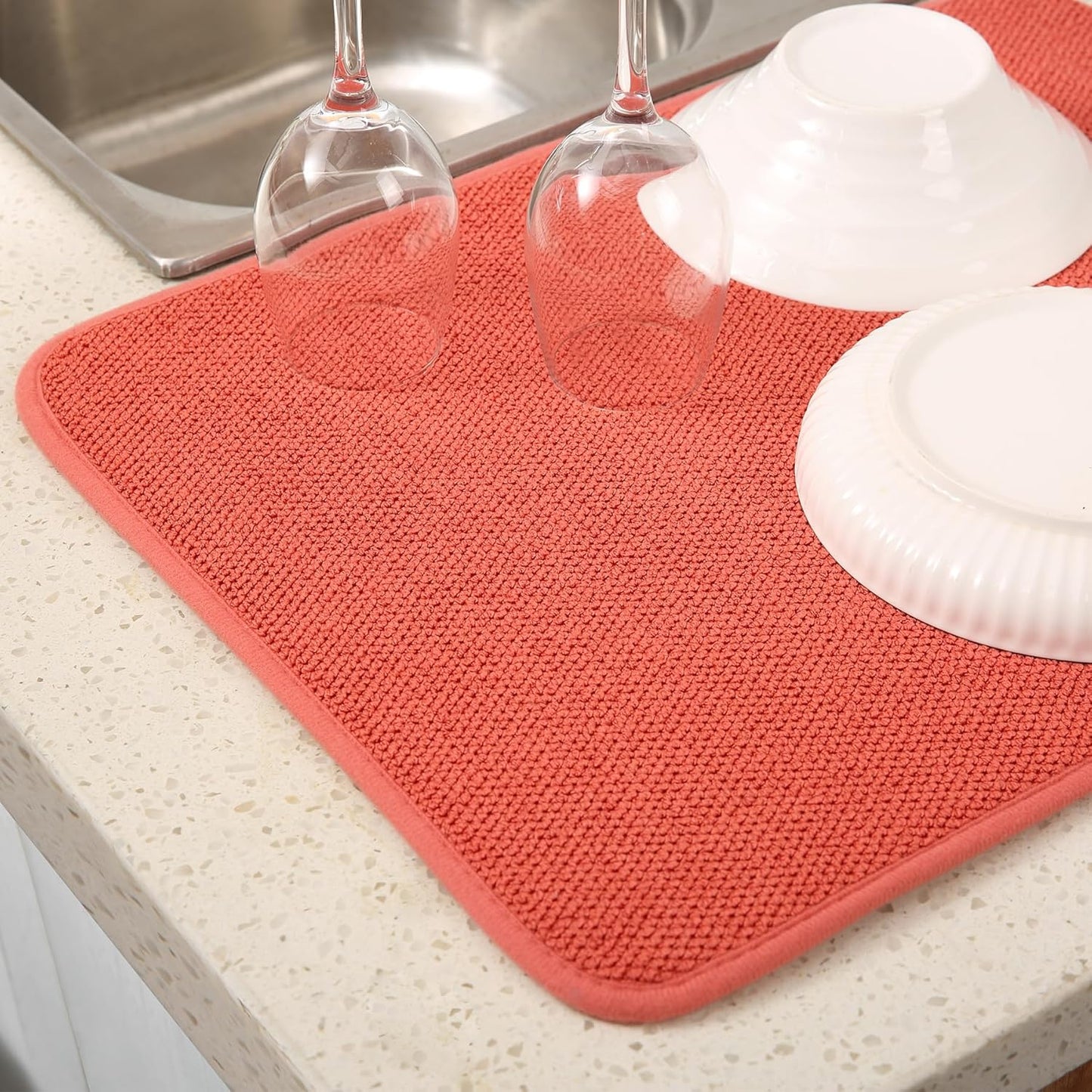 2 Pack Microfiber Dish Drying Mat for Kitchen Counter,Ultra Absorbent Dish Drainer Mat ,Dish Drying Pad , Dish Rack Mat 20×15 Inch (Red)