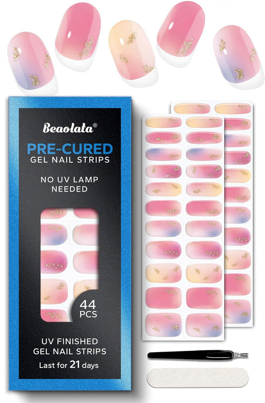 Pre Cured Gel Nail Strips - 44PCS Salon Quality Gel Nail Stickers - Long Lasting Polish Wraps for Women no UV Light Needed Easy Apply& Remove (Metallic Pink Maze）