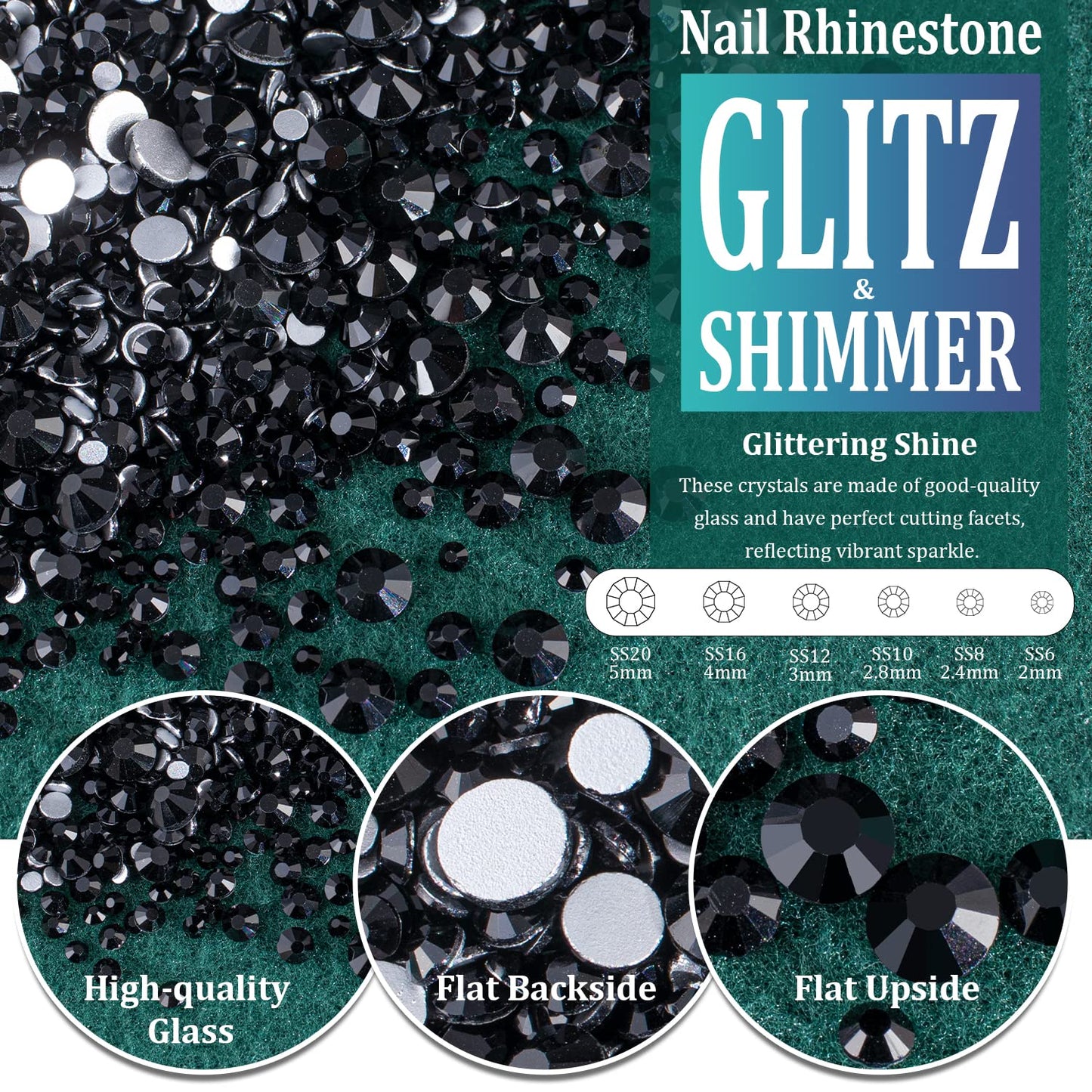 Multi Shapes Black 3D Glass Crystal Nail Art Rhinestones Kit with Flatback Round Bead Charm Gem Stone Jewelry Diamond with Pickup Pen + Tweezer for Manicure Makeup DIY Craft Decoration