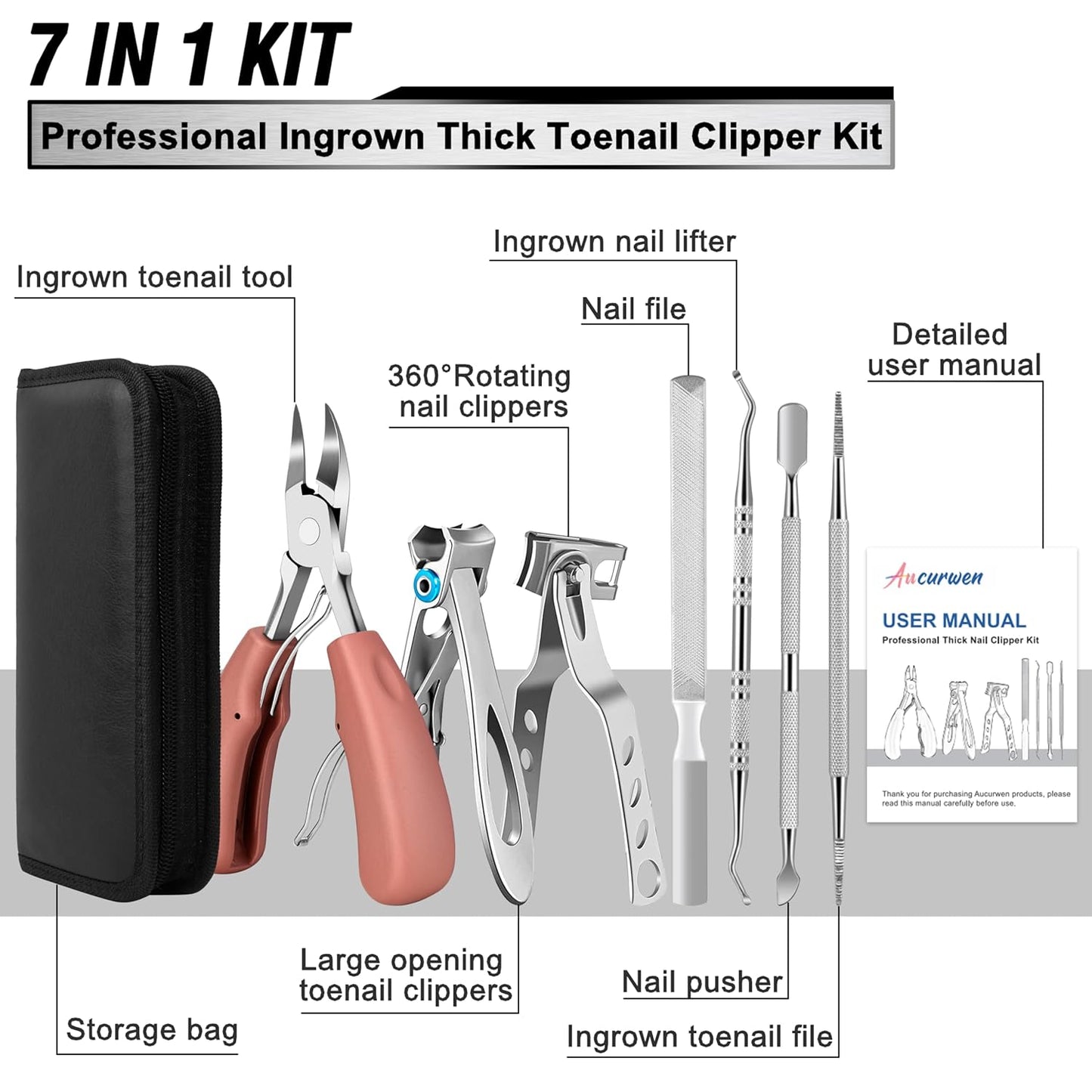 Toenail Clippers for Seniors Thick Toenails, Aucurwen Heavy Duty Toe Nail Clippers Adult Thick Nails Long Handle, Large Toenail Clippers for Thick Nails 7Pcs(Pink)