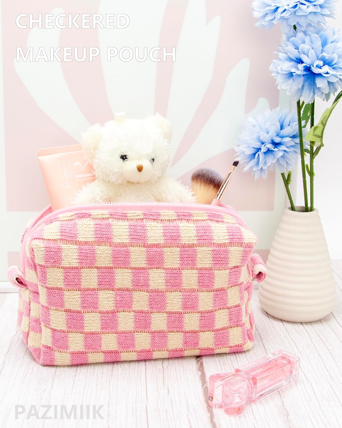PAZIMIIK Checkered Makeup Bag for Purse Portable Zipper Make Up Pouch Small Cosmetic Case for Travel Accessories Pink Beige