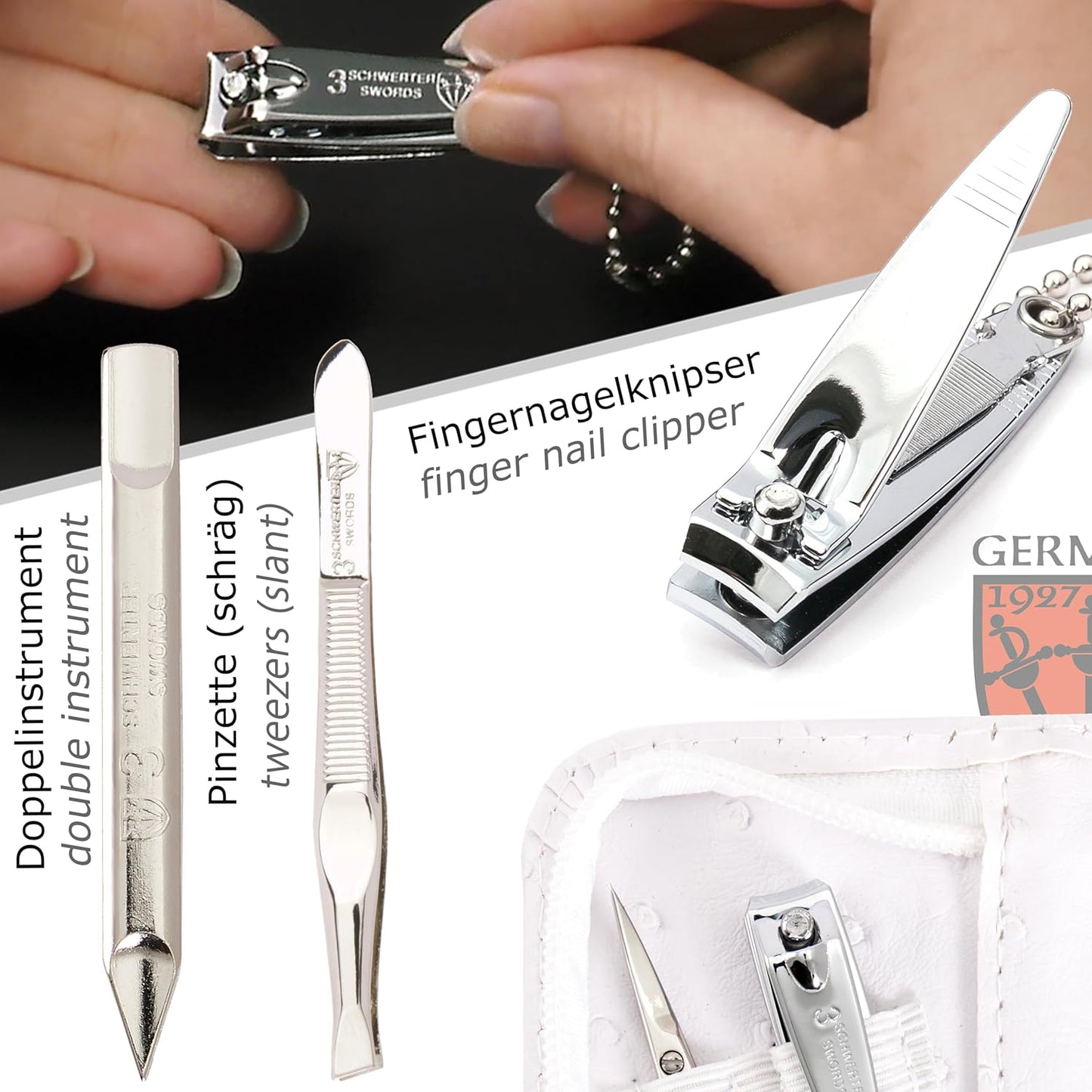 3 Swords Germany - brand quality 5 piece manicure pedicure grooming kit set with synthetic leather case ostrich white - Made in Germany