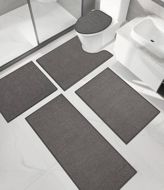 chakme Bathroom Rug Sets 5 Piece, Ultra Thin Bath Mat Quick Dry Bath Mat Set, Absorbent Bath Mat for Bathroom Non Slip Machine Washable, (Dark Grey, 5 Piece)