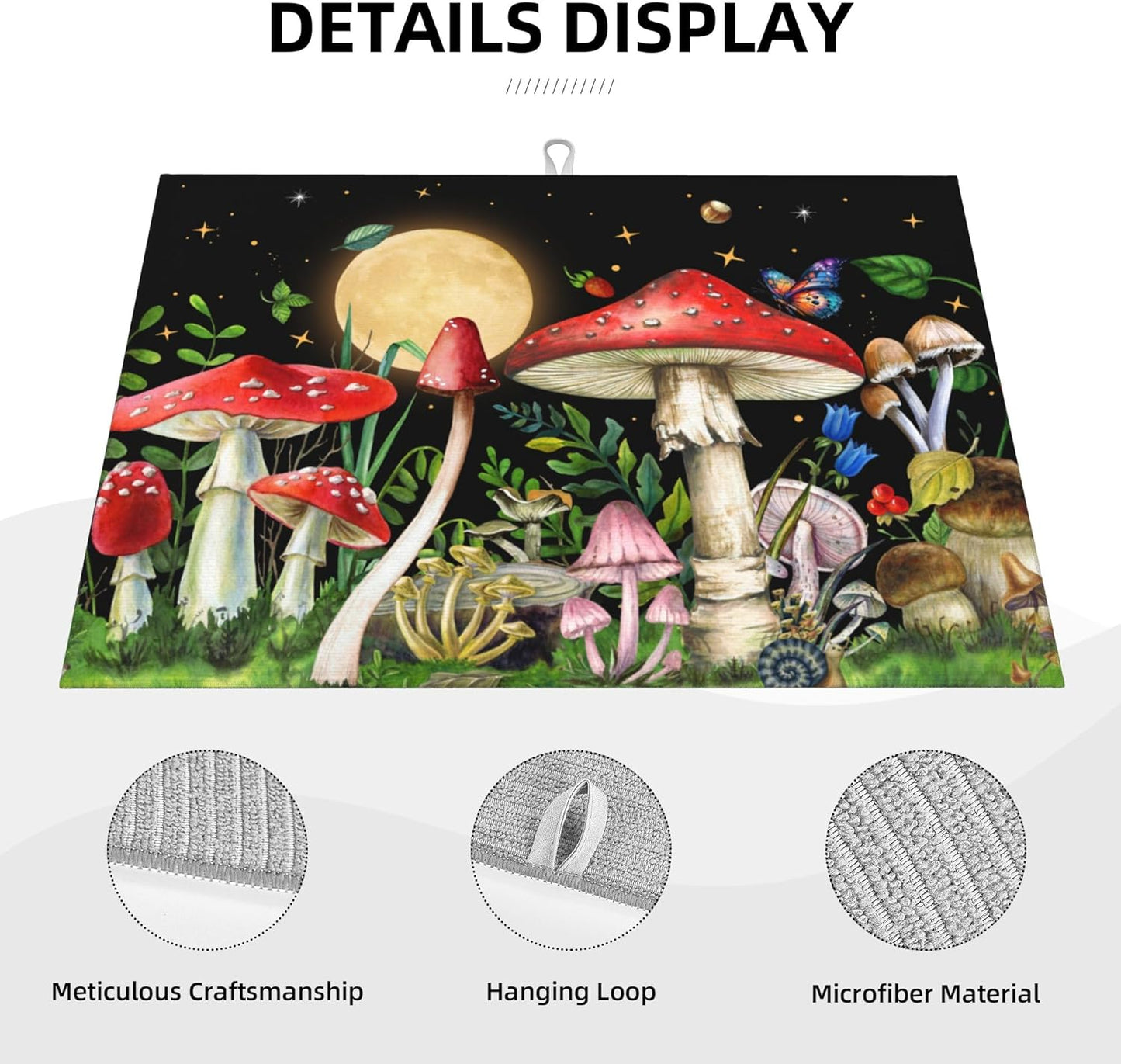 Mushroom Kitchen Drying Mat Witchy Microfiber Dish Drainer Mat for Kitchen Counter Absorbent Reusable Washable 18x24 Inch Black