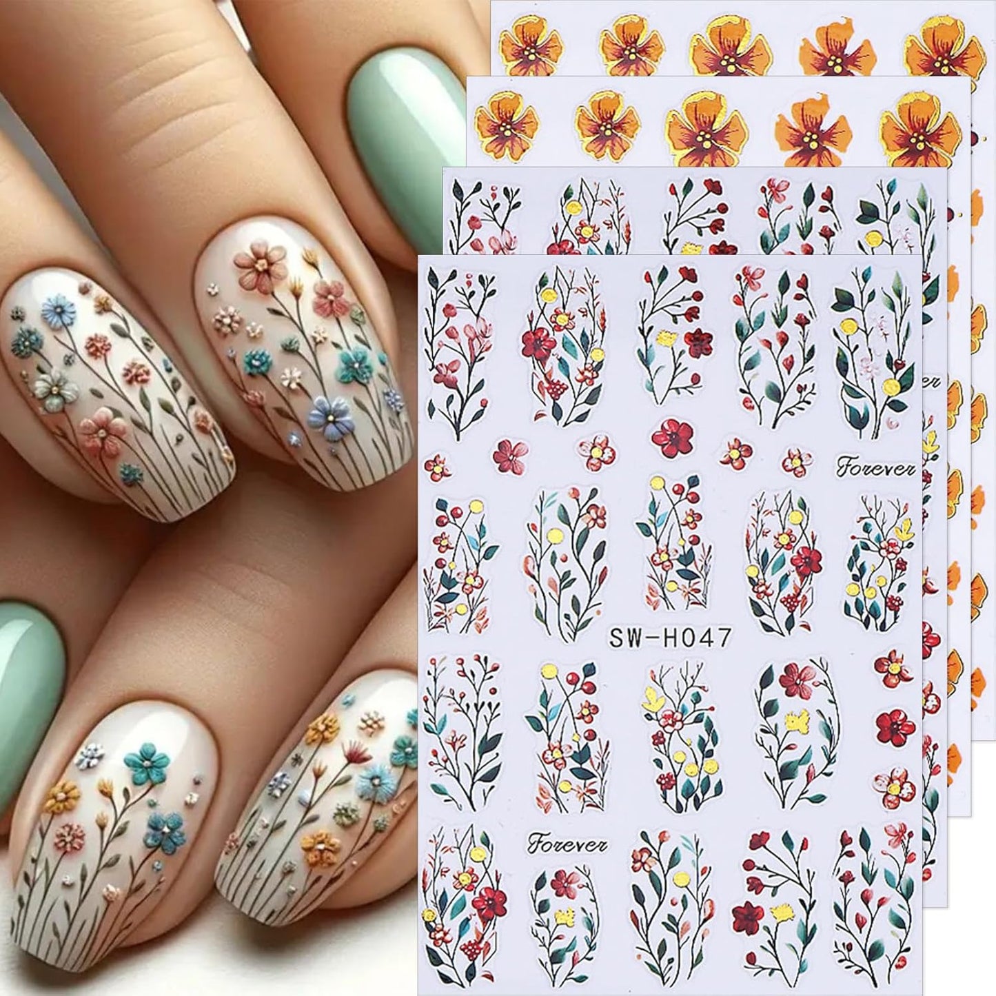 Fall Flower Nail Stickers Cute Nail Decals 3D Self Adhesive Floral Nails Design Supplies Autumn Nail Charms Slider Manicure Accessories Flowers Nail Art Stickers for Women Nail Art Decorations 4PCS