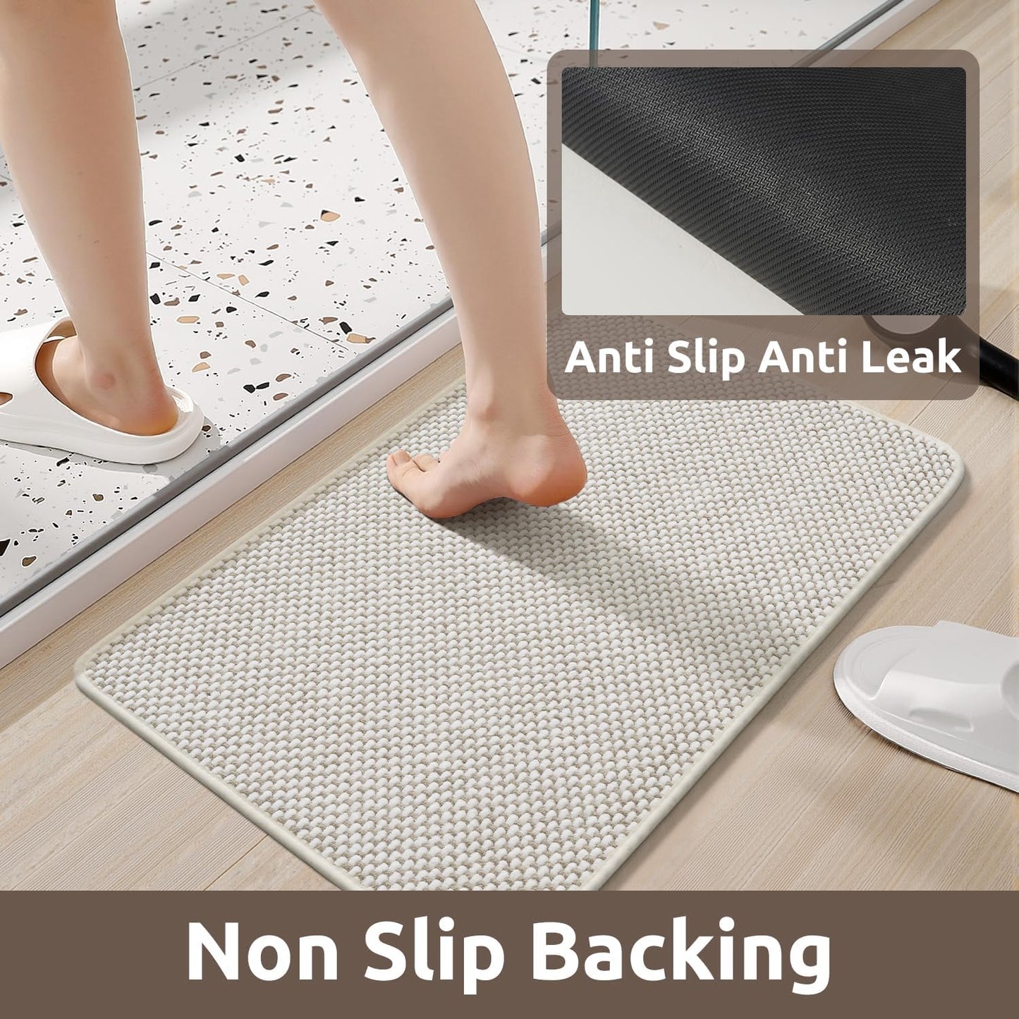 AMOAMI Chenille Bath Mat Super Absorbent Bathroom Mat Quick Dry Bath Mats for Bathroom Rubber Backed Bathroom Rugs Non Slip Washable Fit Under Door, Front of Bathtub, Sink, Beige&White 20"x32"