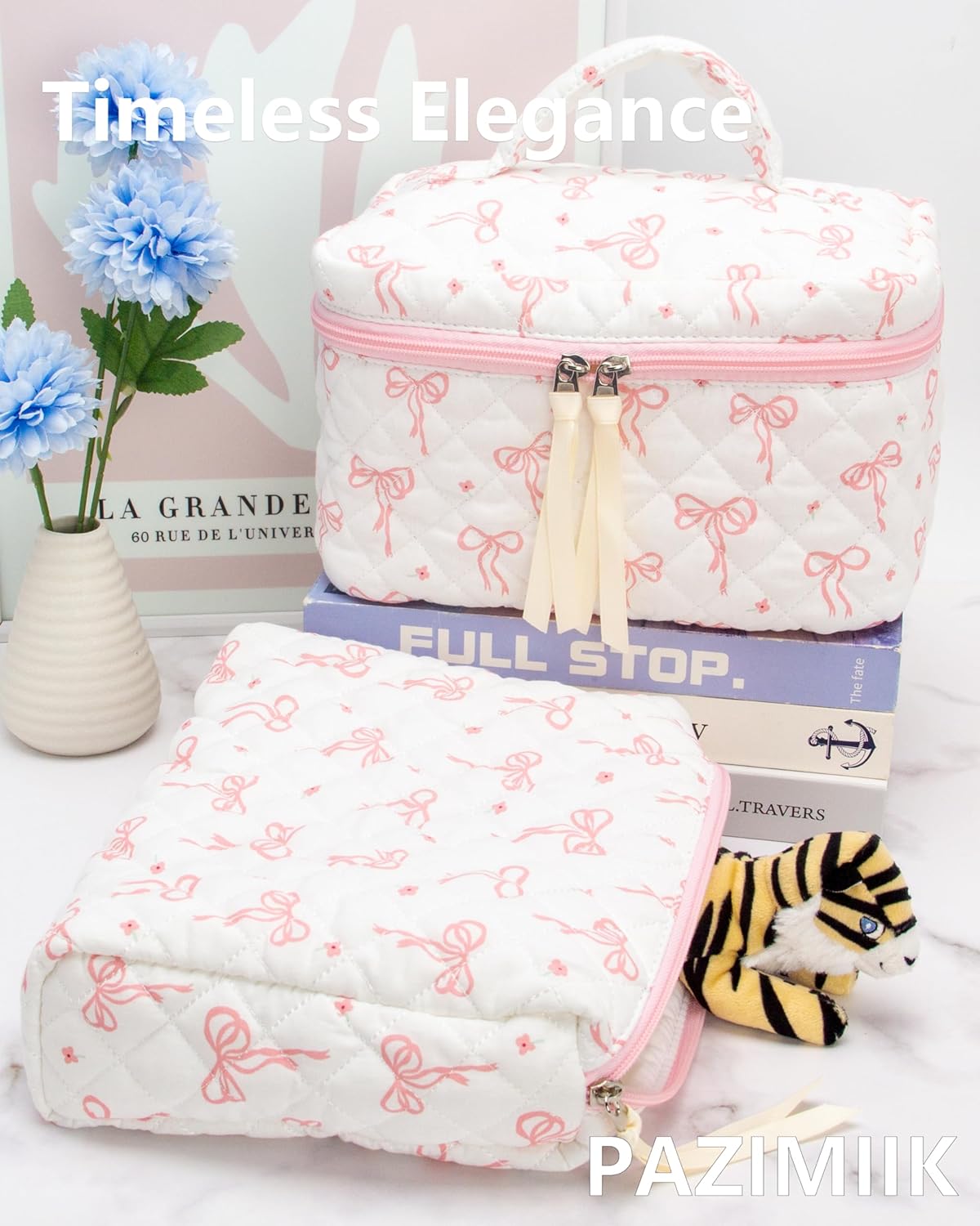 Quilted Makeup Bag Large Travel Zipper Soft Cosmetic Case for Women Girls Make Up,Bow Pink