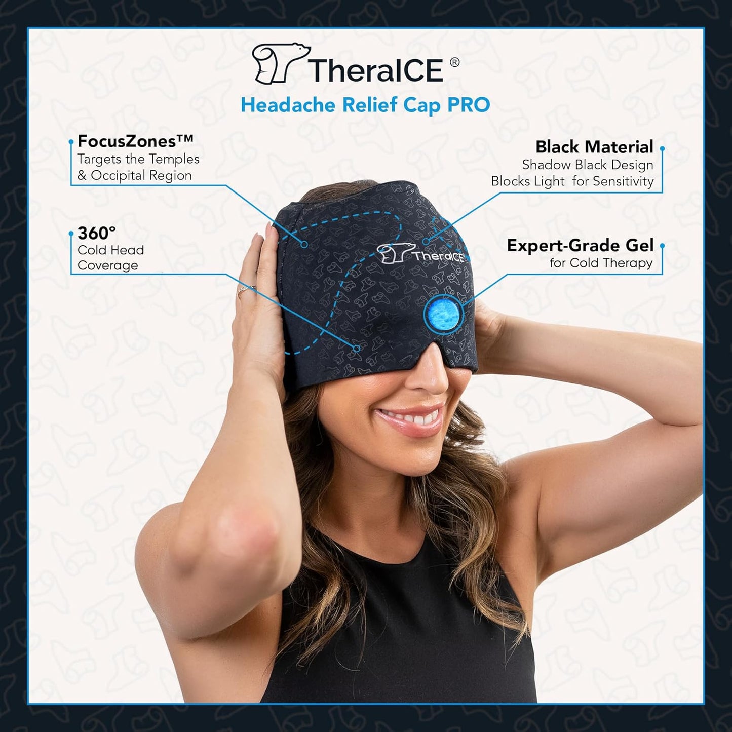 TheraICE Migraine Relief Cap PRO, Headache Relief Cap, Ice Face Mask, Cold Compress Head Wrap for Tension Headache Relief, Stress & Hangover, FocusZone Technology Provides Extra Cooling & Pressure