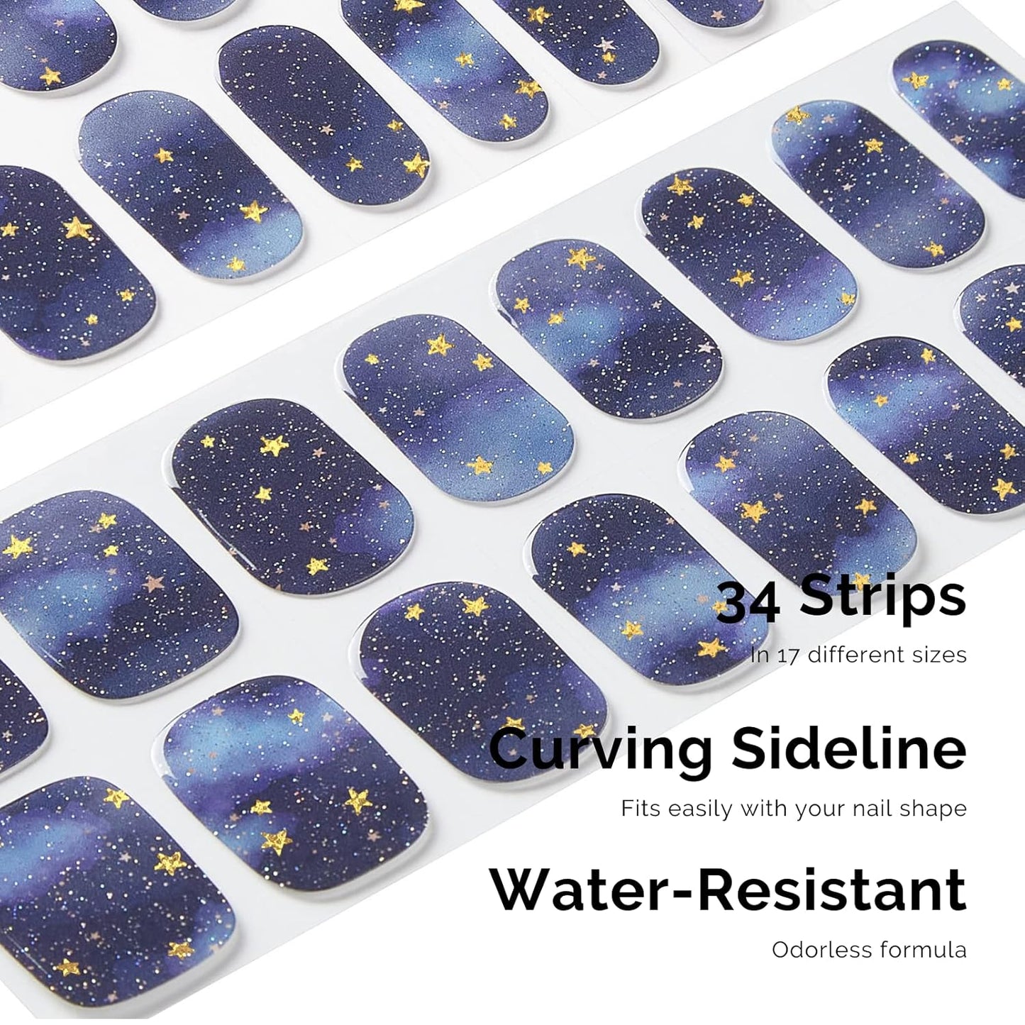 Nailog Semi Cured Gel Nail Strips 34 pcs| Long Lasting Nail Polish Sticker Wraps with Glossy Gel Finish, Starry Night