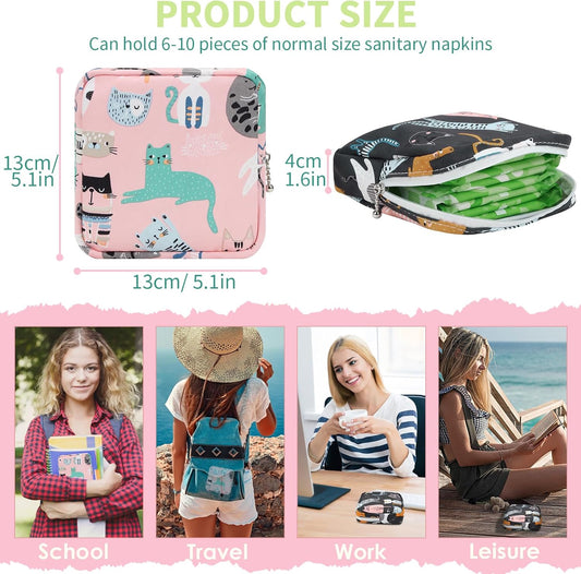 Desing Wish Period Bag Sanitary Napkin Storage Bag for Feminine Pads Panty Liners Tampons and Reusable Pads, Sanitary Pads Pouches First Period Kit for Teen Girls/Women 2 Pack (Pink/Grey Cat)