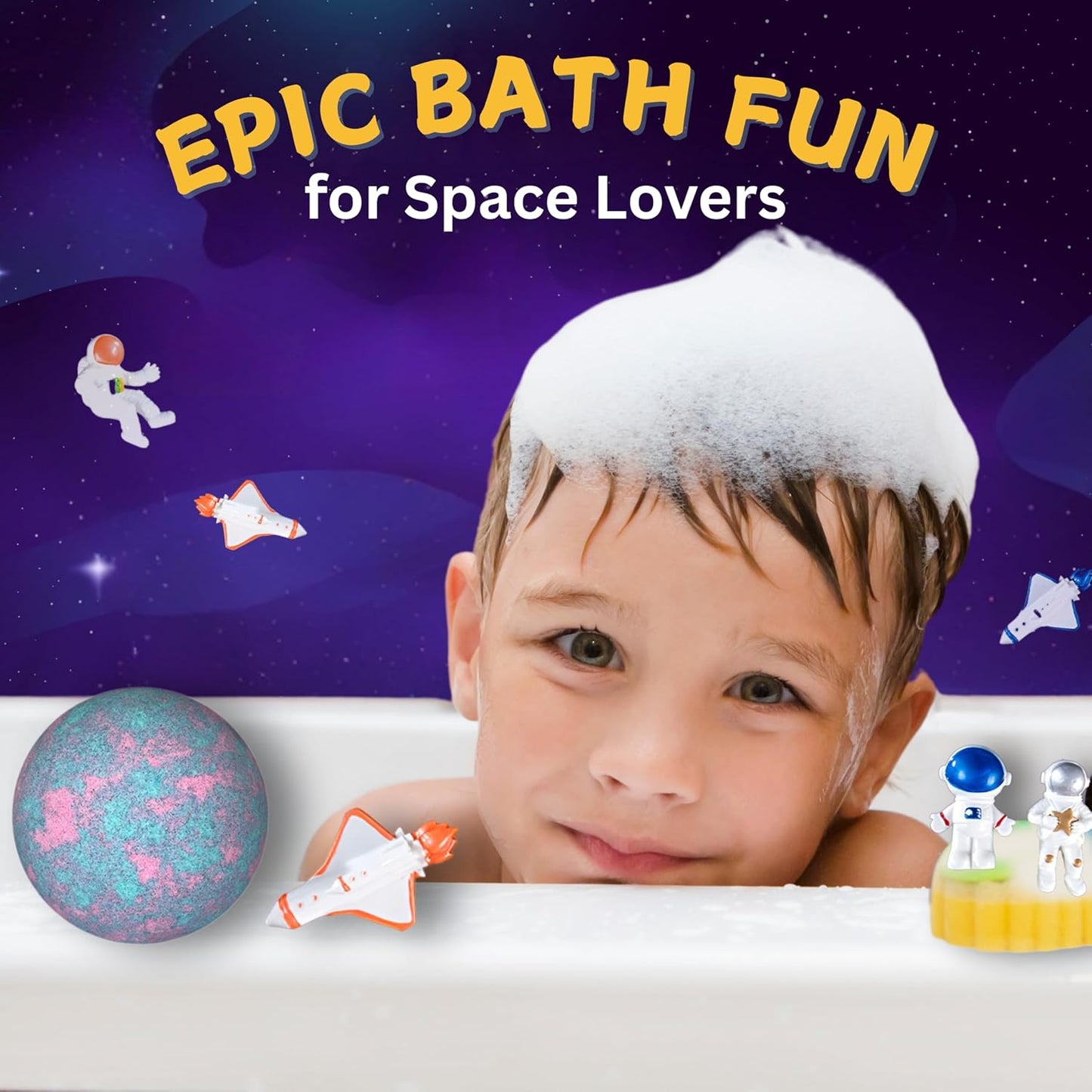 EvolutionUSA Space Bath Bombs for Boys & Girls, 6 Planet Bath Balls with Toy Hidden Inside, Organic Hypoallerganic Childrens Bathbombs, Cosmic Fun Space Surprise, Gift Set Birthday, Christmas, Easter