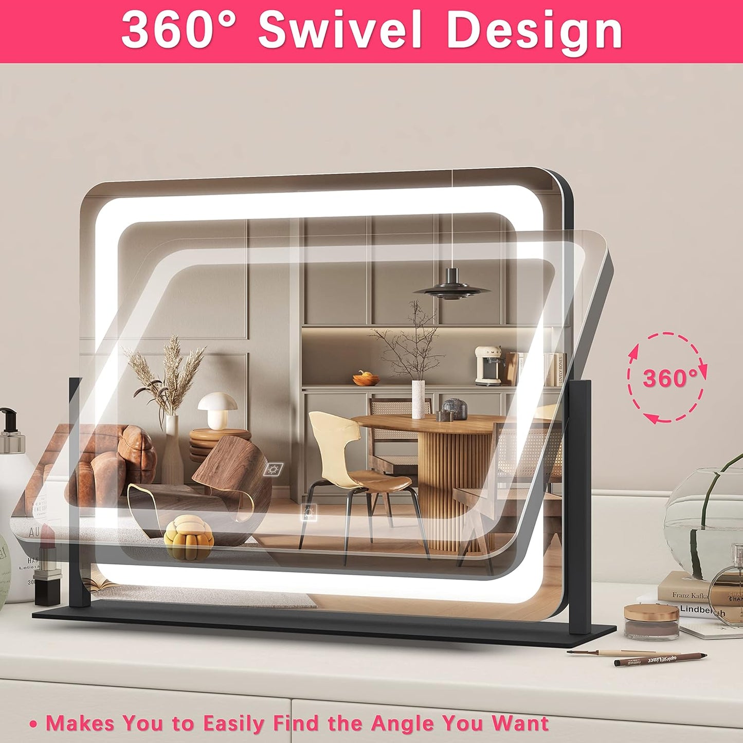 22x17 Inch Lighted Vanity Mirror with Dimmable LED Lights - 3 Color Modes, Smart Touch Control & 360° Rotating Base - Desk Makeup Mirror (Black)