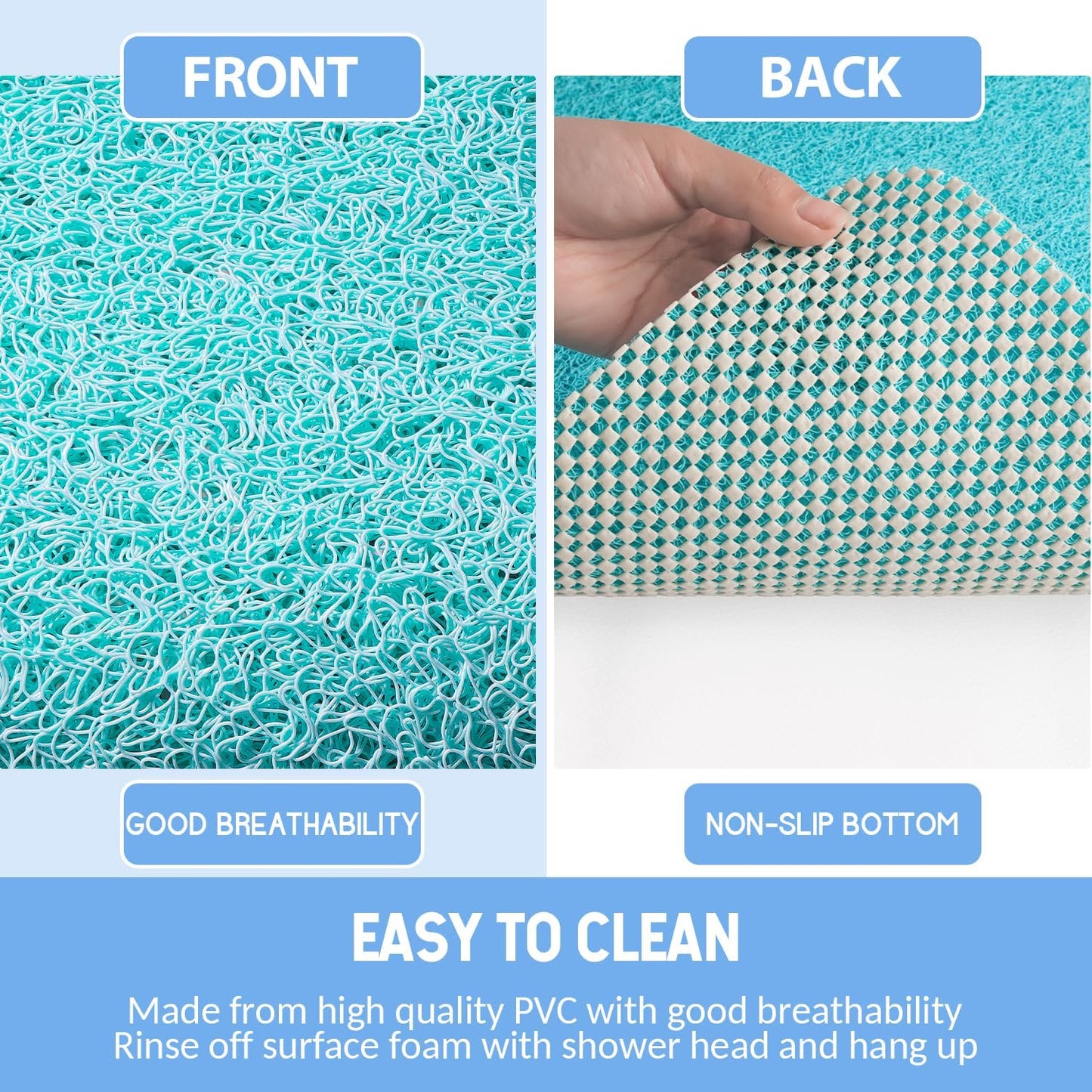 Non-Slip Bathtub Mat, Anti Slip Shower Mat, Fast Drying Bathtub Mats, Foot Scrubber Mat, Anti Slip Mat for Tub, Floor, Bathroom, Kitchen, Home, Hotel (Turquoise Blue 24"×16")