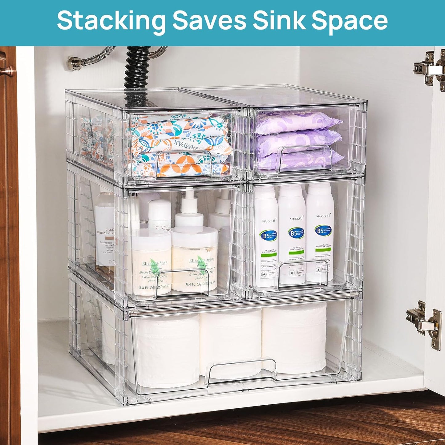 Vtopmart Clear Stackable Storage Drawers Set of 5, Easily Assemble Acrylic Bathroom Undersink Organizers,Plastic Storage Bins for Closet,Cabinet,Pantry,Medicine Organization